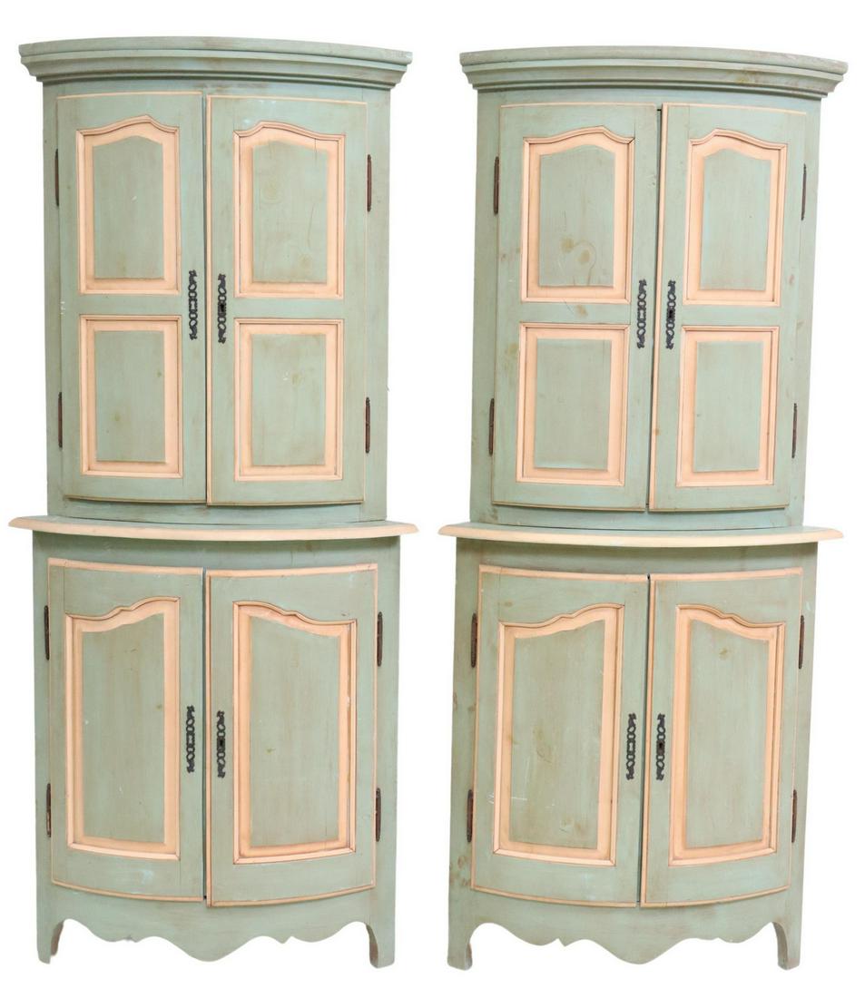 (2) FRENCH PAINTED CORNER CABINETS: (pair) French painted corner cabinets, 20th c., molded cornice, each with two sets of double-door cabinets, scalloped apron, rising on bracket feet, approx 76"h, 34"w, 21"d Start Price: $400.00