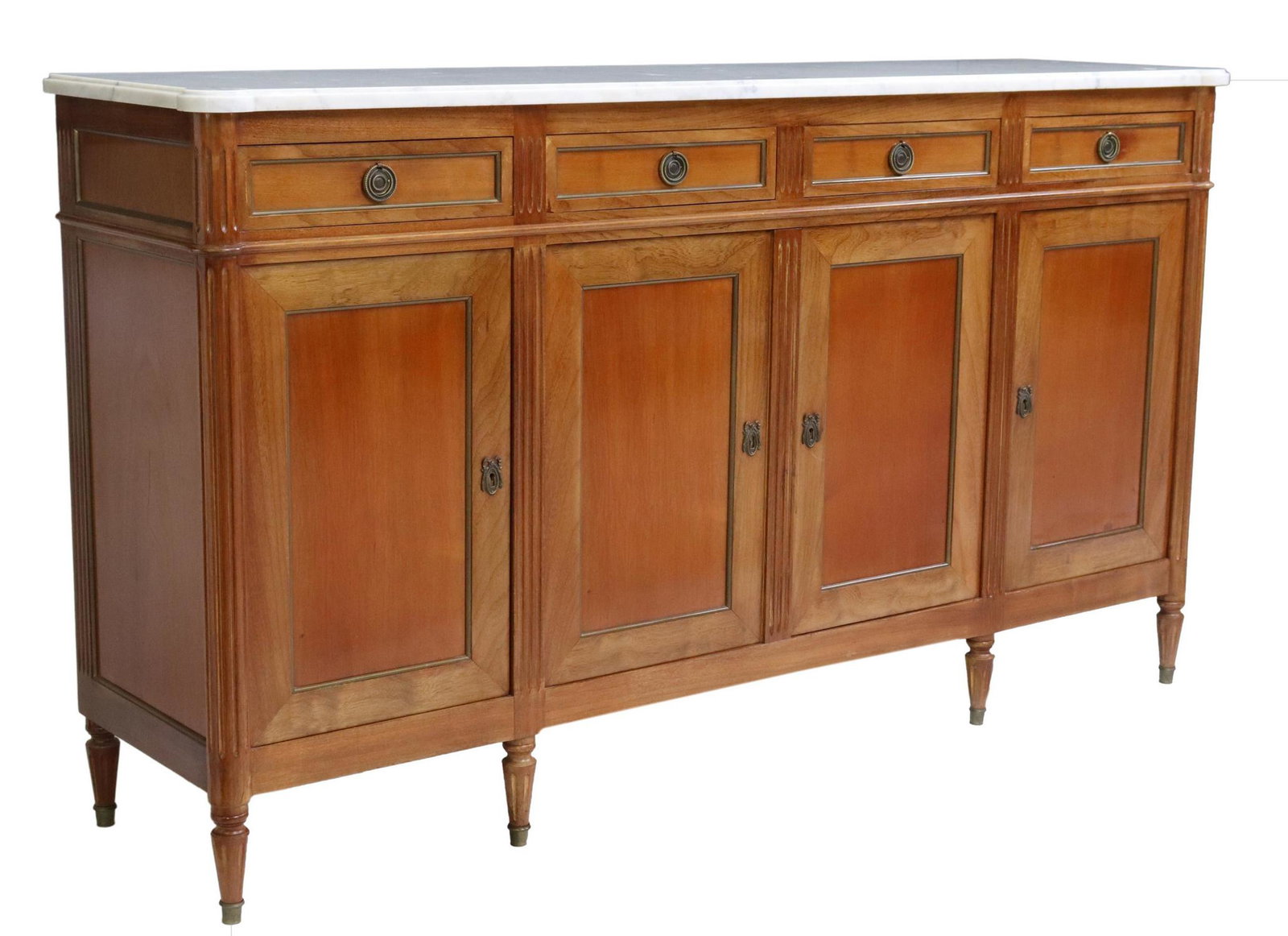LOUIS XVI STYLE MARBLE-TOP MAHOGANY SIDEBOARD: French Louis XVI style marble-top sideboard, 20th c., mahogany case fitted with four drawers, over four cabinet doors, interior shelves, rising on tapered legs, approx 40.5"h, 71.5"w, 18.5"d Start Pri