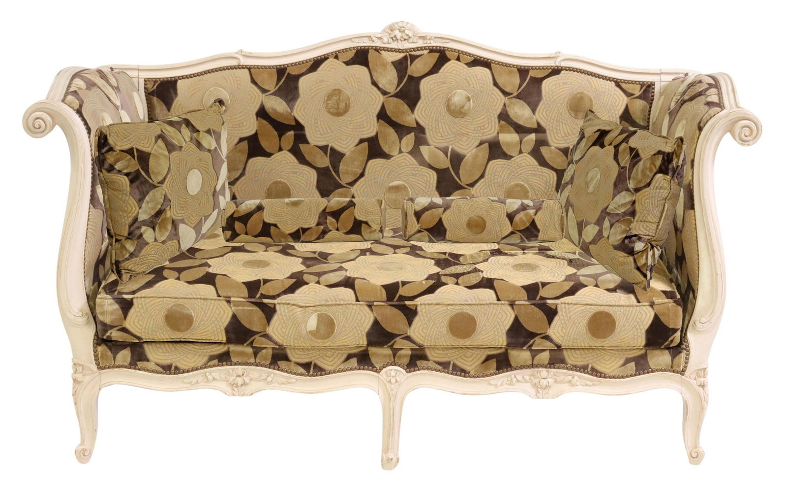 FRENCH LOUIS XV STYLE UPHOLSTERED & PAINTED SETTEE: French Louis XV style paint-decorated settee, 20th c., having floral crest, single removable seat cushion, in a patterned upholstery with nailhead trim, scrolled handholds, rising on cabriole legs, en