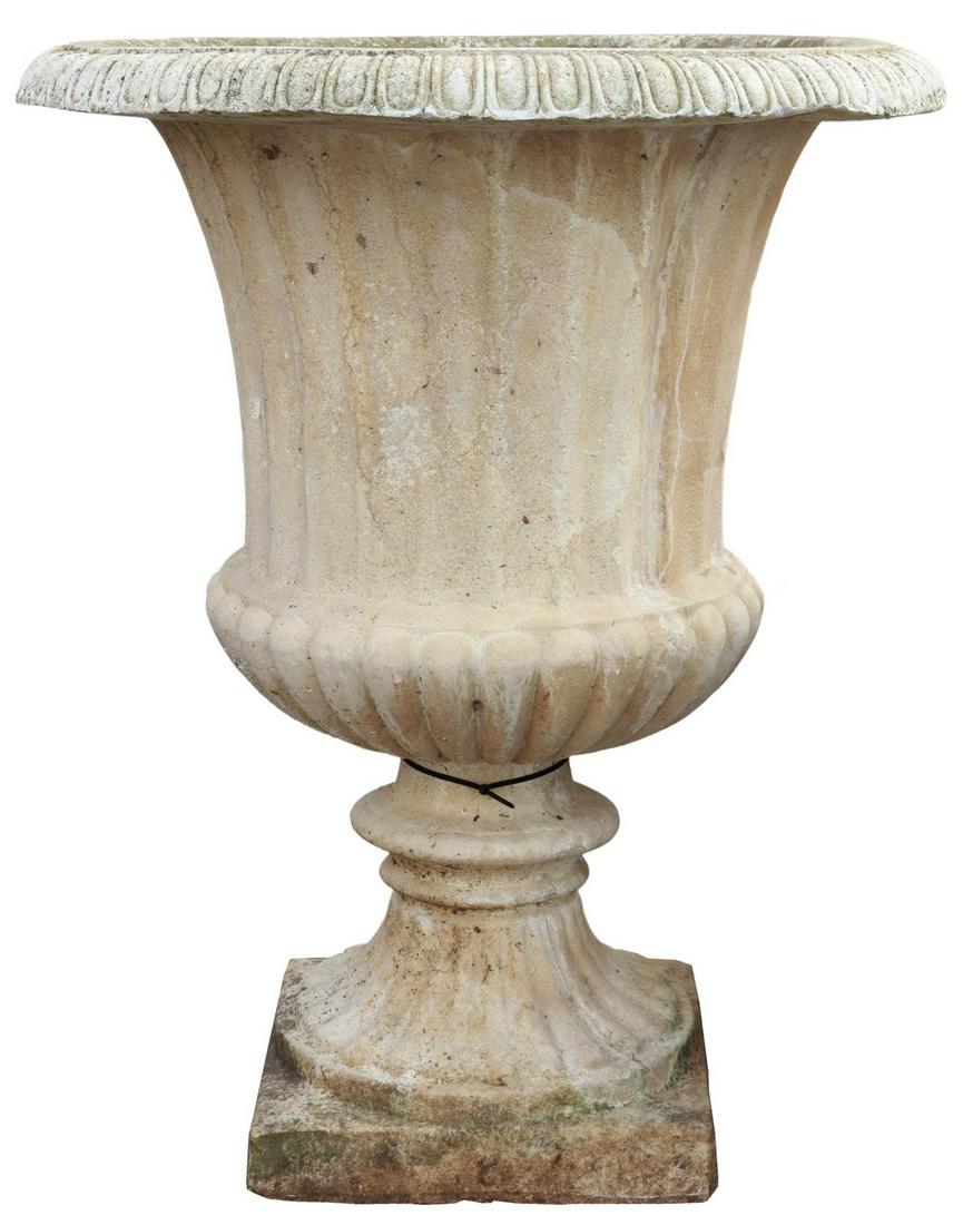 CAST STONE CAMPANA-FORM GARDEN URN PLANTER: Cast stone campana-form garden urn, having egg and dart border, over melon ribbed body, rising on square base, chips to underside rim and base, approx 36.5"h, 29.5"diam **PLEASE NOTE: All the cast sto
