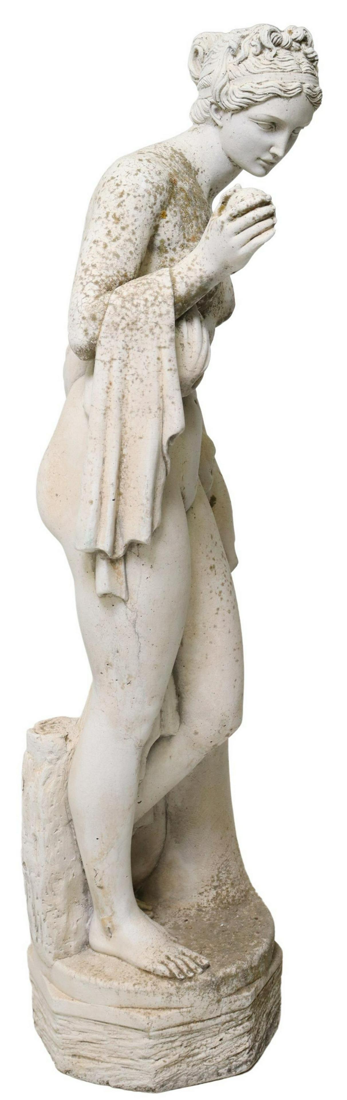 CAST STONE GARDEN STATUARY VENUS & GOLDEN APPLE: Cast stone garden statuary, Venus with the Apple Awarded by Paris, on naturalistic base, approx 50.5"h, 15.5"w, 12"d Start Price: $200.00