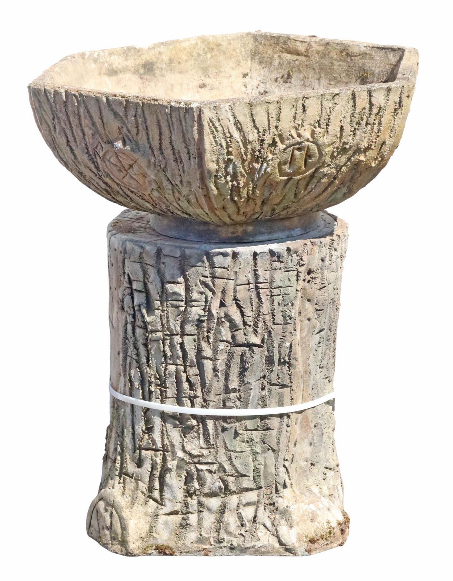 CAST STONE FAUX BOIS HEXAGONAL PLANTER ON STAND: Cast stone faux bois garden planter, having hexagonal bowl, rising on tree trunk modeled stand, approx 27"h, 23.75"diam **PLEASE NOTE: All the cast stone and garden pieces in this auction have inheren