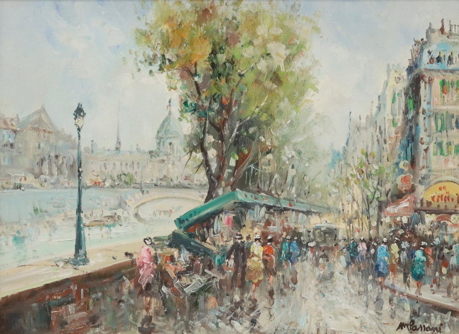 MARIO PASSONI (B.1929) PARISIAN STREET SCENE: Framed oil on canvas painting, Parisian Street Scene, signed lower right M. Passoni (Mario Passoni, Italian, b.1929), signed again and titled "Parigi" verso, sight: approx 11.25"h, 15.5"w, overall: 18