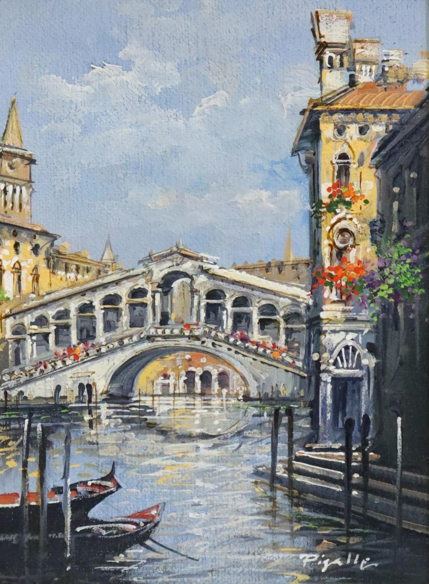 LUIGI PIGALLE (20TH C.) RIALTO BRIDGE O/C PAINTING: Framed oil on canvas painting, Rialto Bridge, signed lower right Pigalle (Luigi Pigalle, 20th c.), sight: approx 15.5"h, 11.5"w, overall: approx 26.25"h, 22.25"w, 7.25lbs Start Price: $80.00