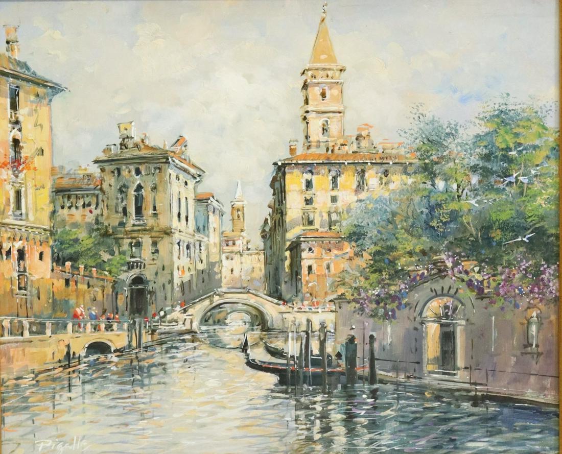 LUIGI PIGALLE (20TH C.) VENETIAN CANAL SCENE O/C: Framed oil on canvas painting, Venetian Canal Scene, signed lower left Pigalle (Luigi Pigalle, 20th c.), sight: approx 19.25"h, 23"w, overall: approx 27"h, 30 7/8"w, 10lbs Start Price: $100.00