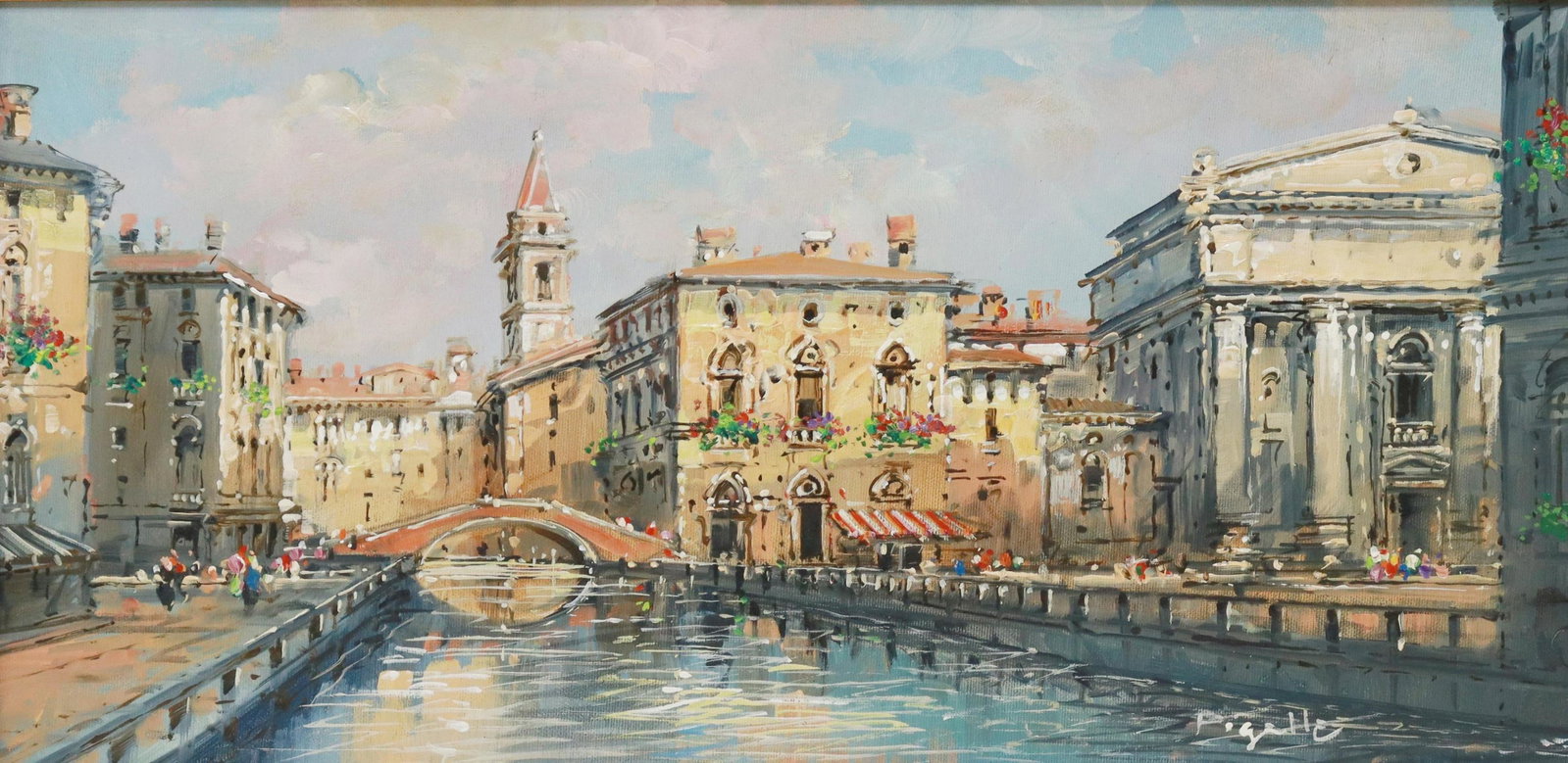 LUIGI PIGALLE (20TH C.) VIEW RIALTO BRIDGE VENICE: Framed oil on canvas painting, View of Rialto Bridge, Venice, Italy, signed lower right Pigalle (Luigi Pigalle, Italian, 20th c.), sight: approx 11.5"h, 24"w, overall: 18.25"h, 29.75"w, 8.75lbs Start 