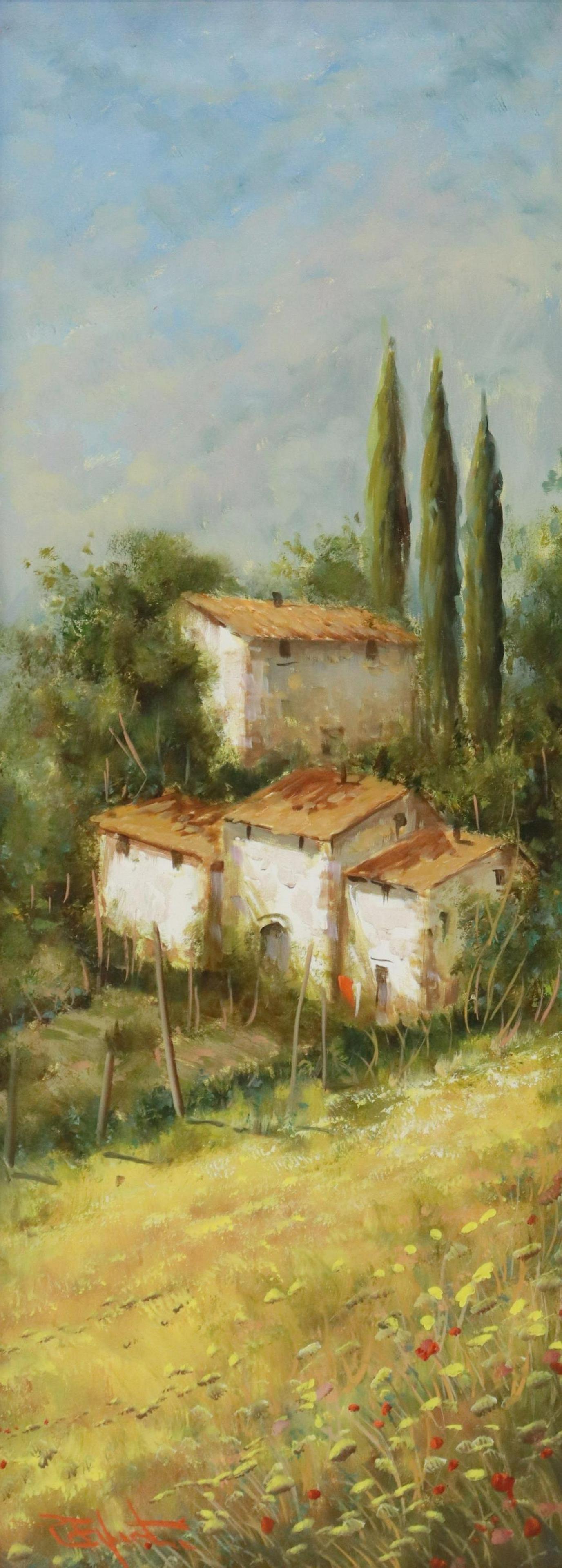 PASQUALE ESPOSITO (B.1953) TUSCAN LANDSCAPE: Framed oil on canvas painting, Tuscan Landscape, signed lower left P. Esposito (Pasquale Esposito, Italian, b.1953), signed again verso, sight: approx 30.75"h, 11.25"w, overall: 38"h, 18.5"w, 9.5lbs S