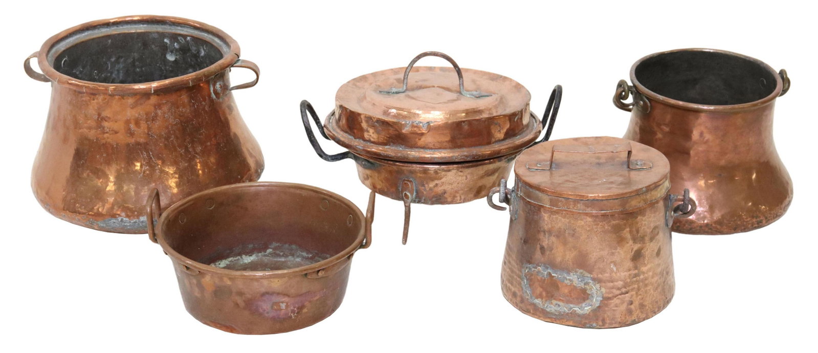 (5) FRENCH COPPER & METAL KITCHENWARES: (lot of 5) French copper and metal kitchenwares, including: (2) lidded pots, (one) with iron swing handle, (one) with dual handles at sides, rising on four feet, largest: approx 8"h, 12"w, 16"d; (3) h
