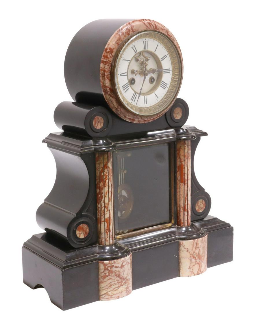 FRENCH NAPOLEON III PERIOD MARBLE MANTEL CLOCK: French Napoleon III period drumhead clock, late 19th c., marble and black slate case, housing dial with enamel chapter ring, Roman numeral hour markers, Brocot escapement, time-and-strike movement sta