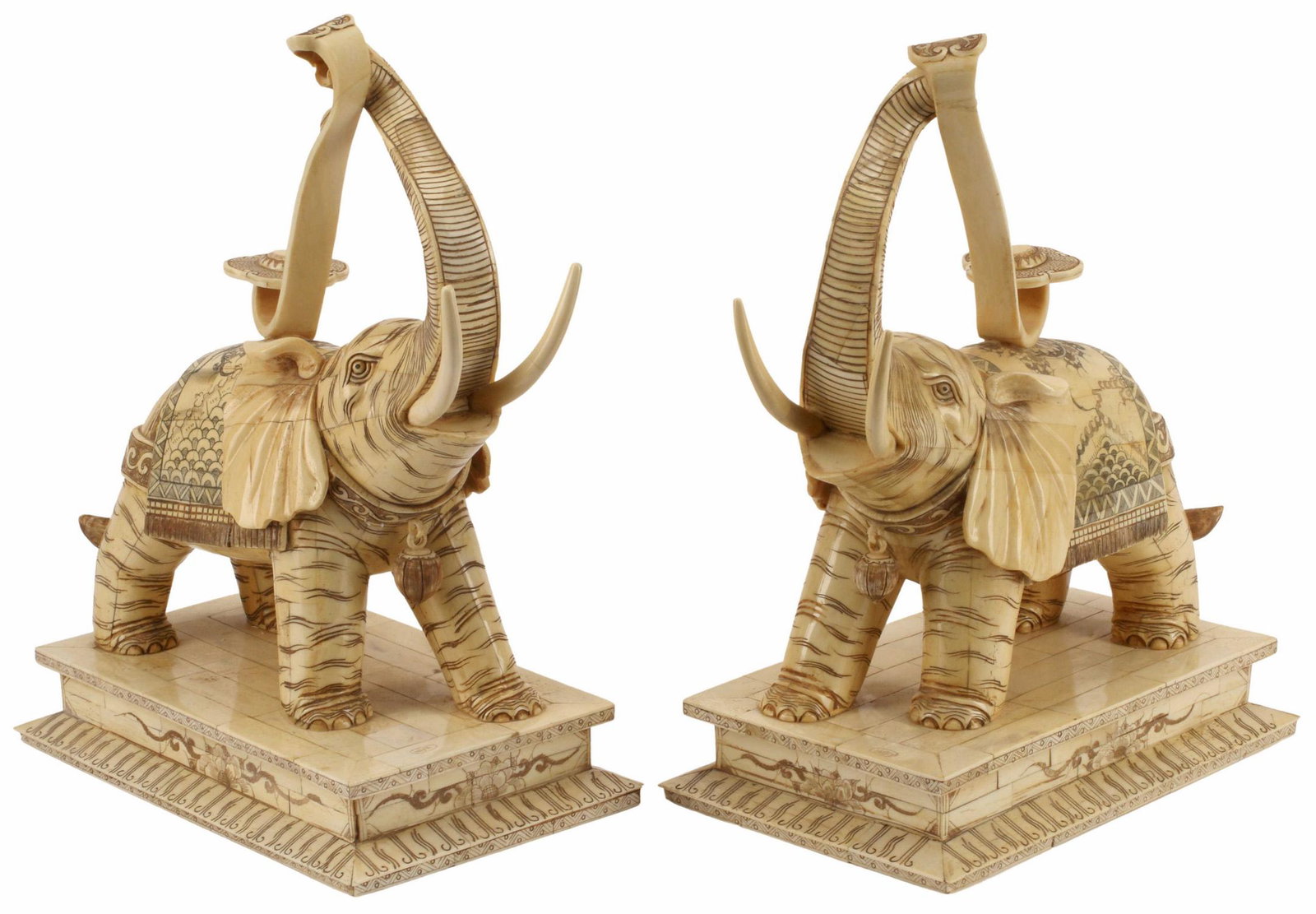 (2) ASIAN BONE-TILED ELEPHANT WITH RUYI SCEPTER: (pair) Asian bone-tiled elephants, approx 16.5"h, 15"l, 8"w, 18lbs total Start Price: $175.00