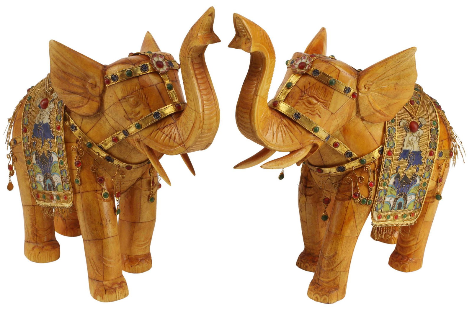 (2) CHINESE BONE TILED & CLOISONNE ELEPHANTS: (pair) Chinese bone tiled elephants, harness and blanket accented with multi-color cabochons, cloisonne enamel, approx 13"h, 12"l, 5.5"w, 10.5lbs total Start Price: $100.00
