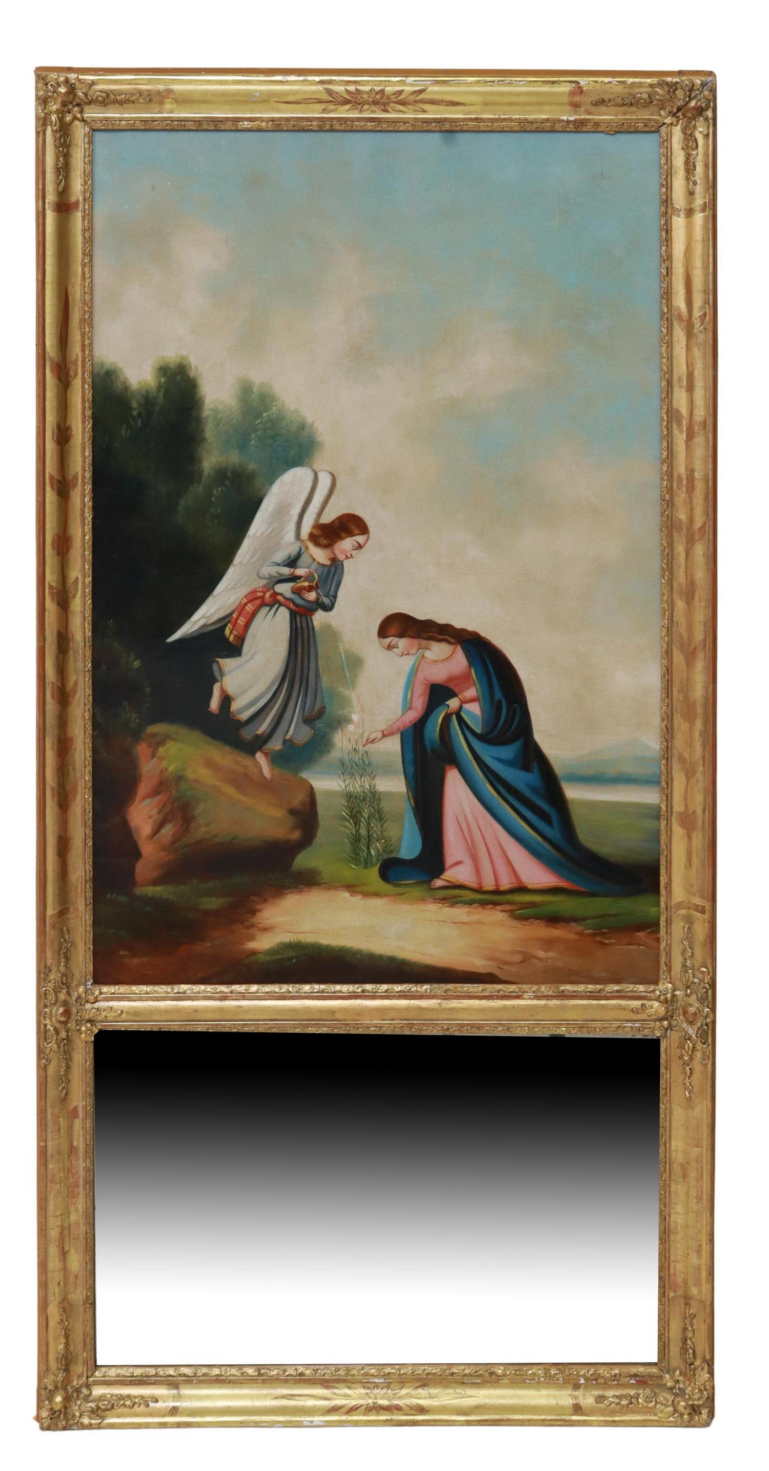 RELIGIOUS 'THE ANNUNCIATION' GILT TRUMEAU MIRROR: French trumeau wall mirror, 20th c., foliate giltwood frame, encasing oil on canvas painting, The Annunciation, over lower flat mirror plate, with some later paint touch ups, approx 56.75"h, 28 5/8"w,