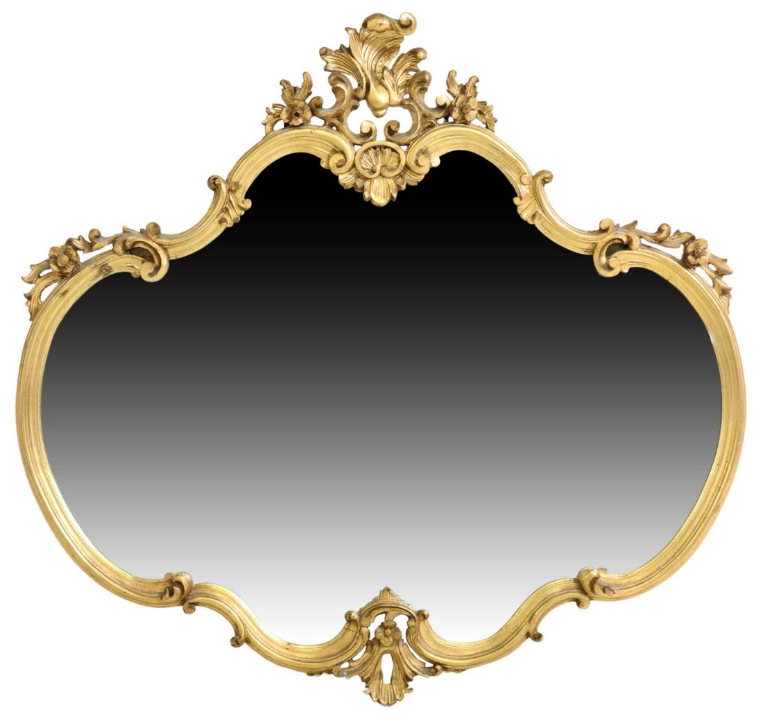 LOUIS XV STYLE GILTWOOD SCROLLED WALL MIRROR: Louis XV style giltwood wall mirror, early 20th c., having fanned crest, over scrolled frame with floral and foliate motifs, encasing flat mirror plate, approx 43"h, 46"w, 28.3lbs Start Price: $300.00