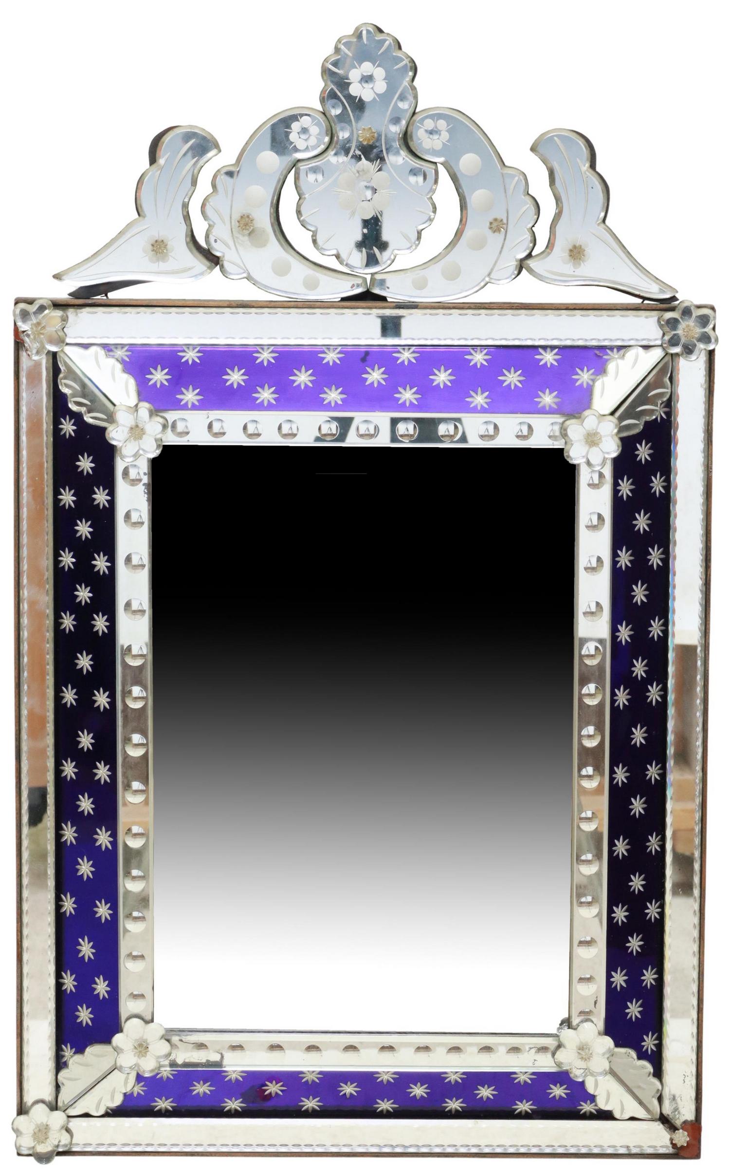 VENETIAN STYLE COBALT PANELED GLASS MIRROR: Venetian style mirror, late 20th c., etched crest, cobalt blue glass border, beveled mirror plate, losses to corner rosettes, approx 31"h, 19"w, 13.5lbs Start Price: $350.00