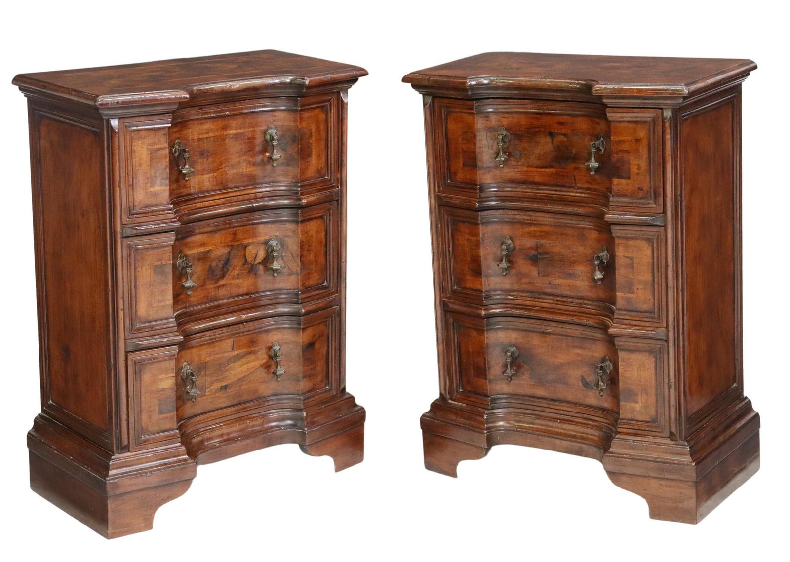 (2) ITALIAN BAROQUE STYLE BEDSIDE CABINETS: (pair) Italian Baroque style bedside cabinets, 20th c., patchwork burlwood veneers, three drawers, rising on bracket feet, approx 33.25"h, 24.5"w, 13.25"d Start Price: $300.00