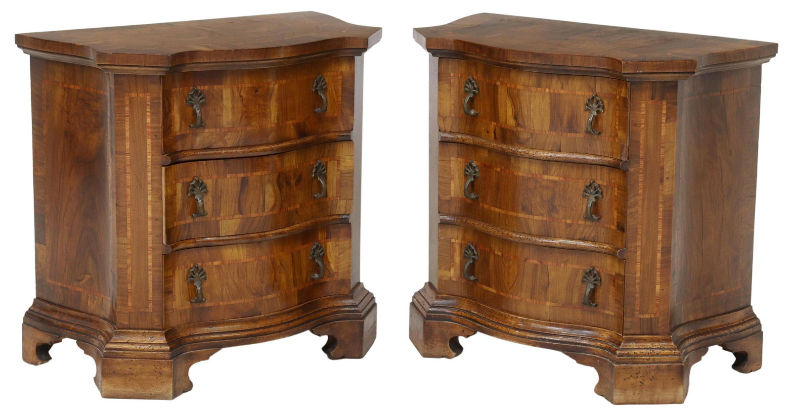 (2) ITALIAN BAROQUE STYLE BURLWOOD NIGHTSTANDS: (pair) Italian Baroque style burlwood bedside cabinets, 20th c., shaped case with banded accents, fitted with three drawers, rising on bracket feet, approx 24.25"h, 25.5"w, 13.75"d **Note: matching co