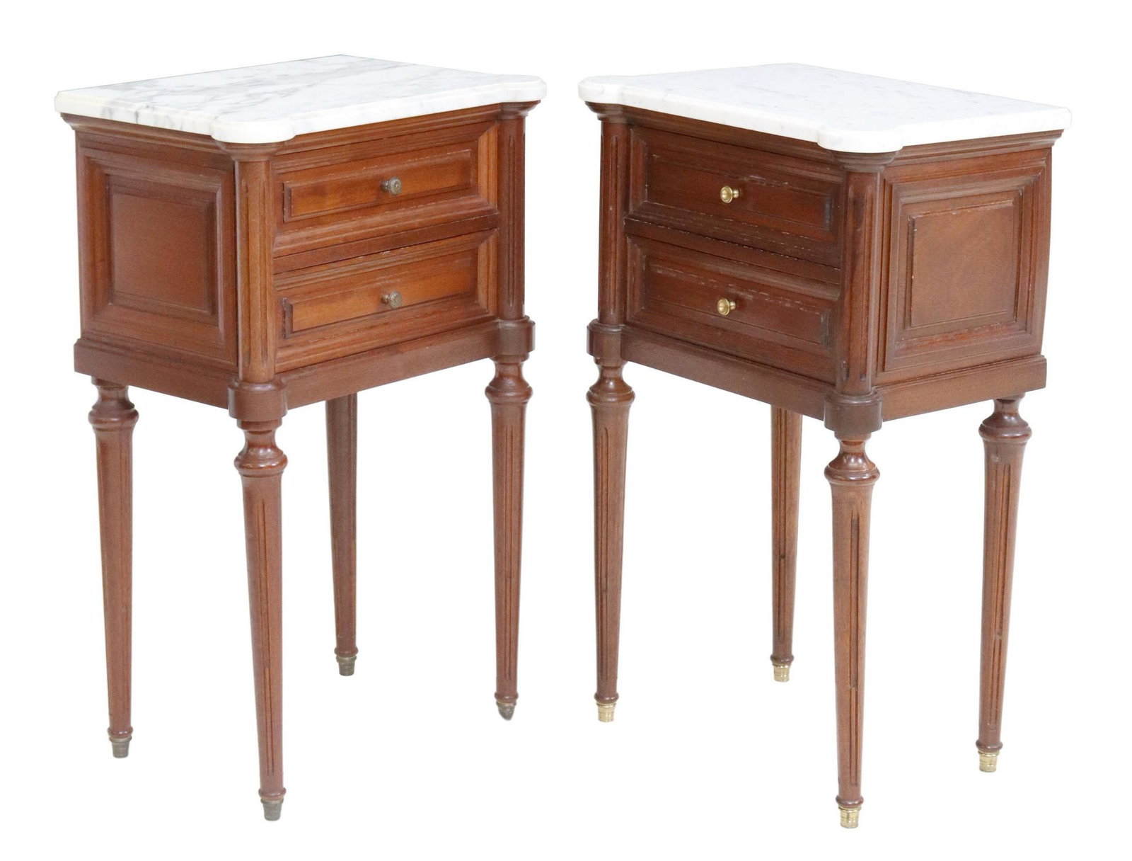 2) LOUIS XVI STYLE MARBLE-TOP MAHOGANY NIGHTSTANDS: (pair) French Louis XVI style marble-top mahogany nightstands, 20th c., two drawers, rising on tapering fluted legs, approx 27.5"h, 17.5"w, 12"d Start Price: $200.00