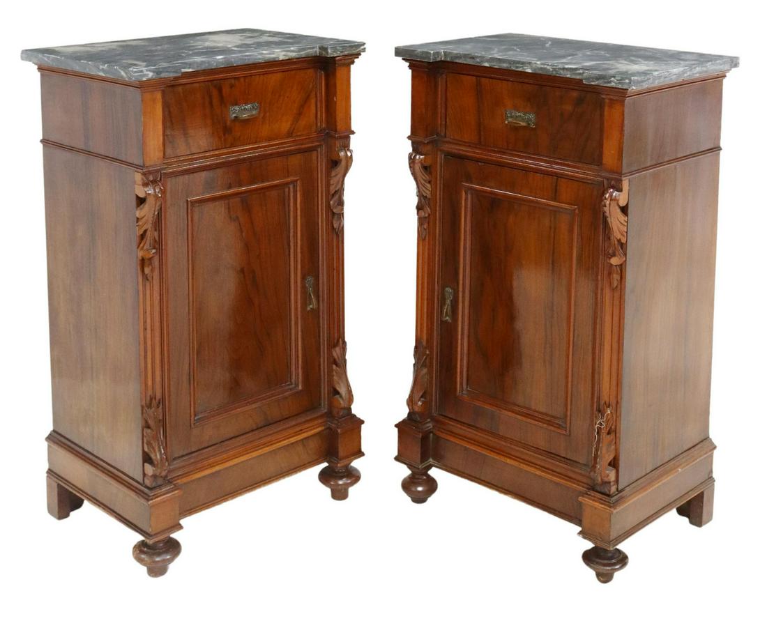 (2) ITALIAN CARVED WALNUT MARBLE-TOP NIGHTSTANDS: (pair) Italian carved walnut nightstands, 19thc., having shaped marble top, over conforming case fitted with single drawer, above paneled cabinet door, opening to shelved interior, on platform base, f