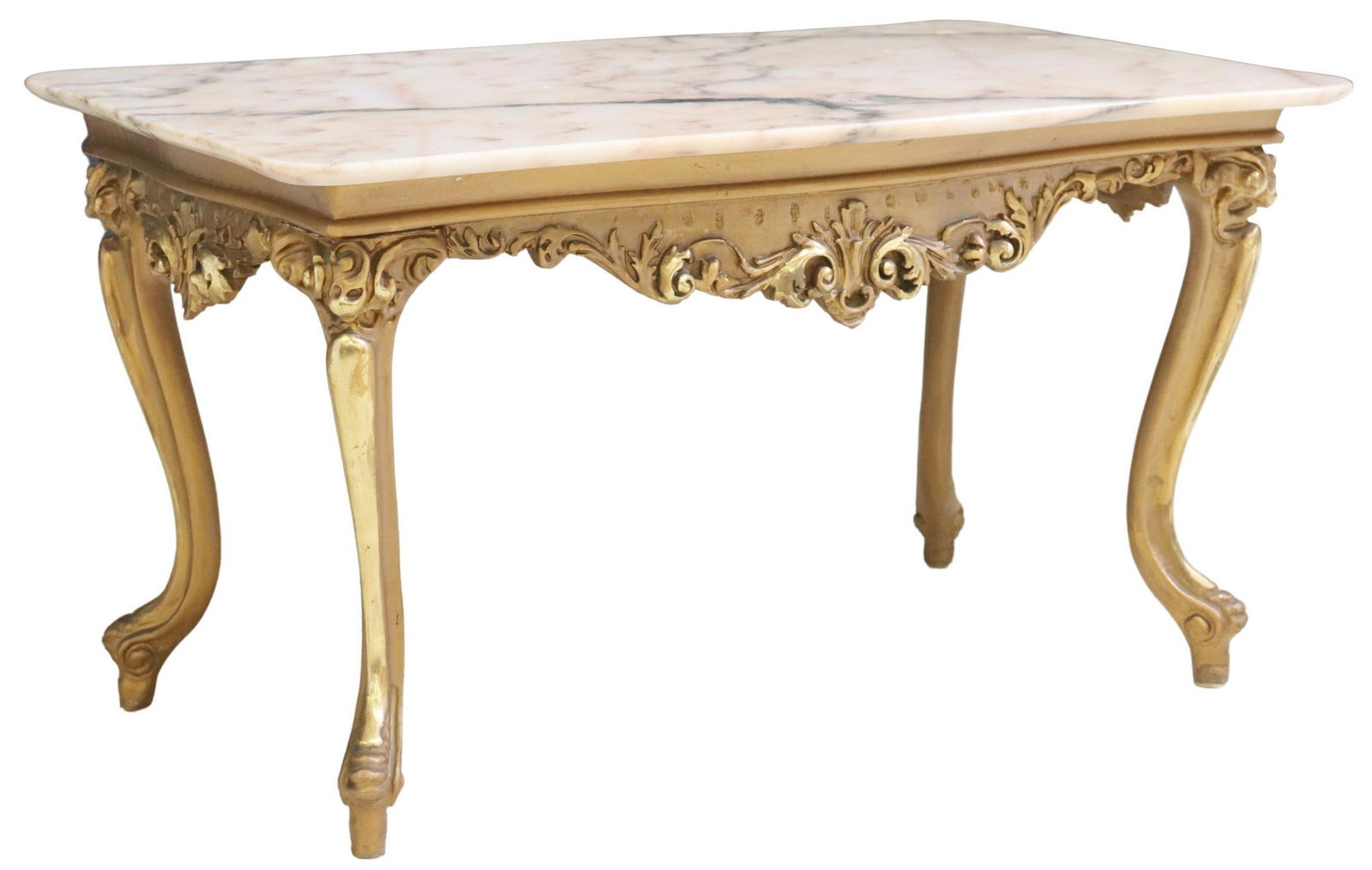 LOUIS XV STYLE GILTWOOD MARBLE-TOP COFFEE TABLE: Louis XV style giltwood coffee table, 20th c., having shaped marble top, over foliate apron, rising on cabriole legs, ending on whorl feet, approx 18.25"h, 33 3/8"w, 19 5/8"d Start Price: $300.00