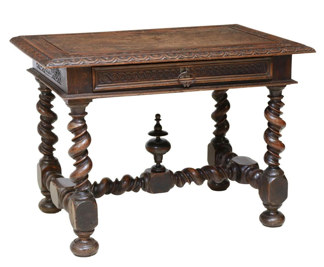 (2) FRENCH HENRI II STYLE WRITING TABLE & CHAIR: (lot of 2) French Henri II style writing table and chair, 19th c., including: (1) desk, having foliate carved top, over single drawer, rising on twist legs, joined with cross stretcher centering finia