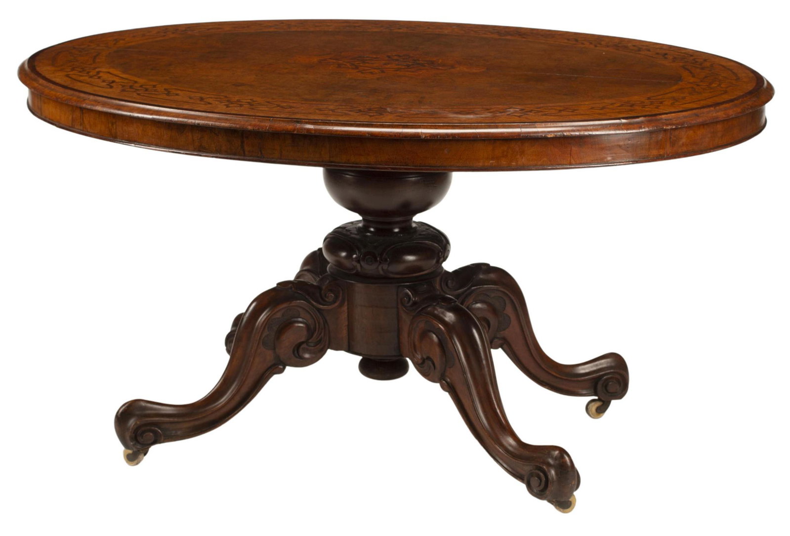 ENGLISH INLAID TILT-TOP BREAKFAST TABLE: English inlaid tilt-top breakfast table, 19th c., approx 30"h, 57"w, 43"d Start Price: $175.00