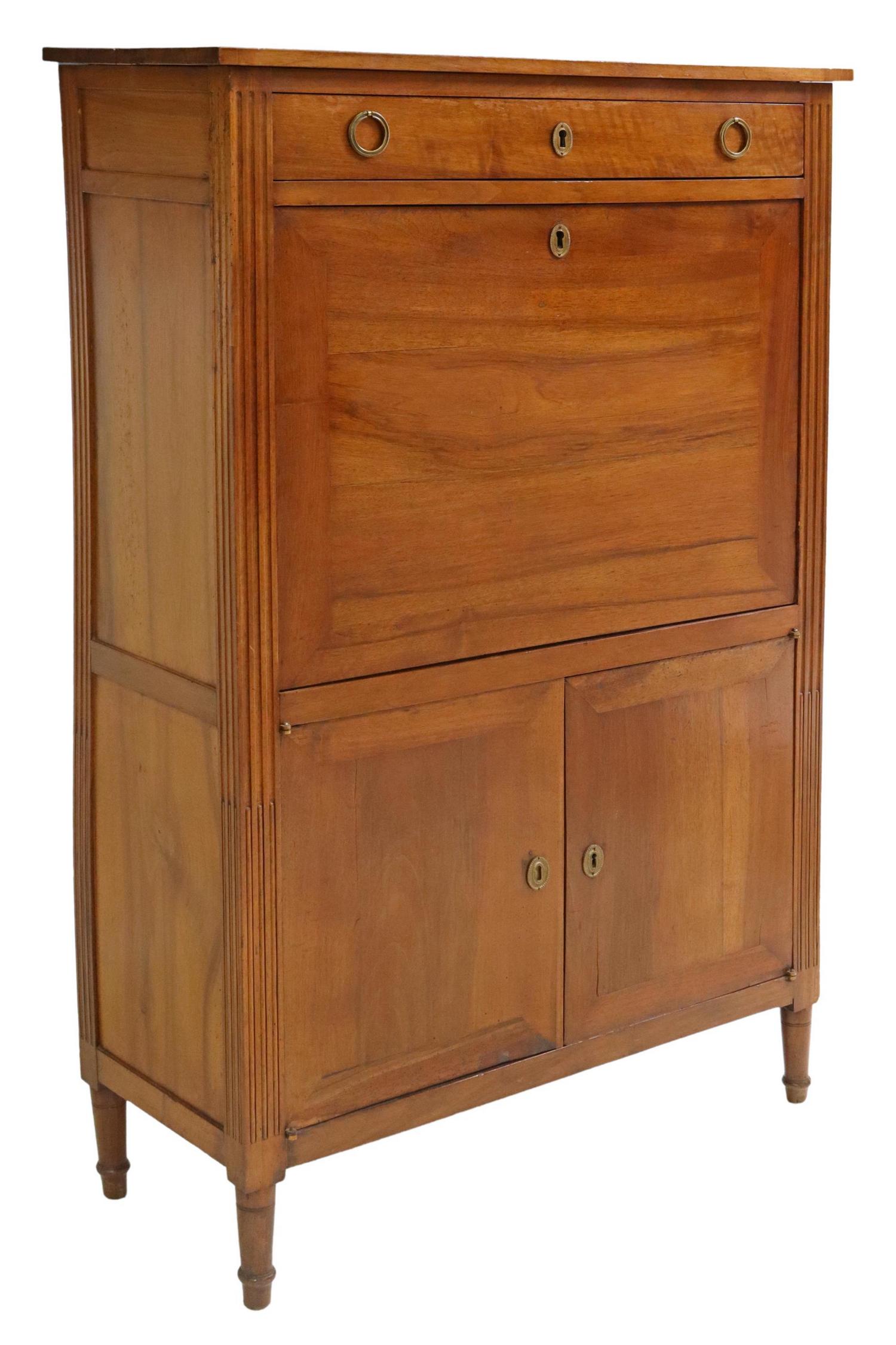 FRENCH LOUIS XVI STYLE SECRETAIRE A ABATTANT: French Louis XVI style fall front desk, early 20th c., single drawer over fall front panel, opening to fitted interior gallery, inset leather writing surface, lower double-door cabinet opening to shel