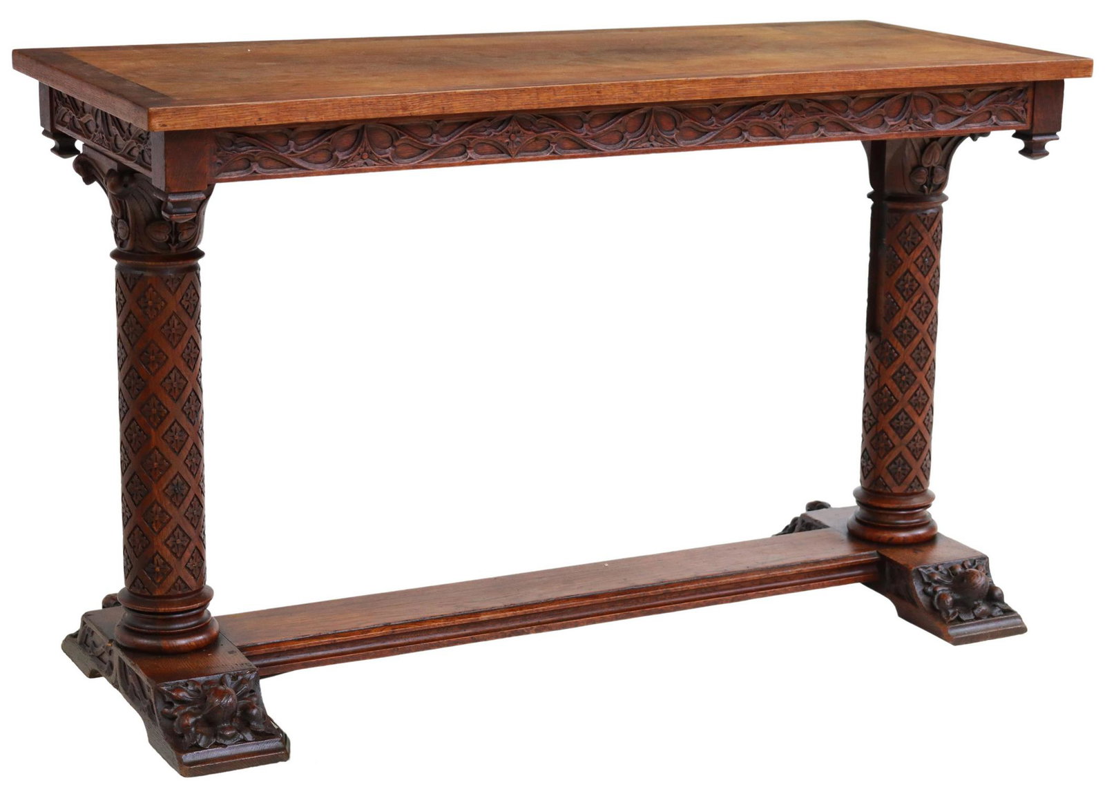 GOTHIC REVIVAL OAK METAMORPHIC SERVER/ BUFFET: Gothic Revival oak metamorphic server/ buffet table, 20th c., top with tracery carved apron, pulls up to reveal three tiers, rising on foliate carved legs, ending on trestle base, approx 29 3/8"h, 47"