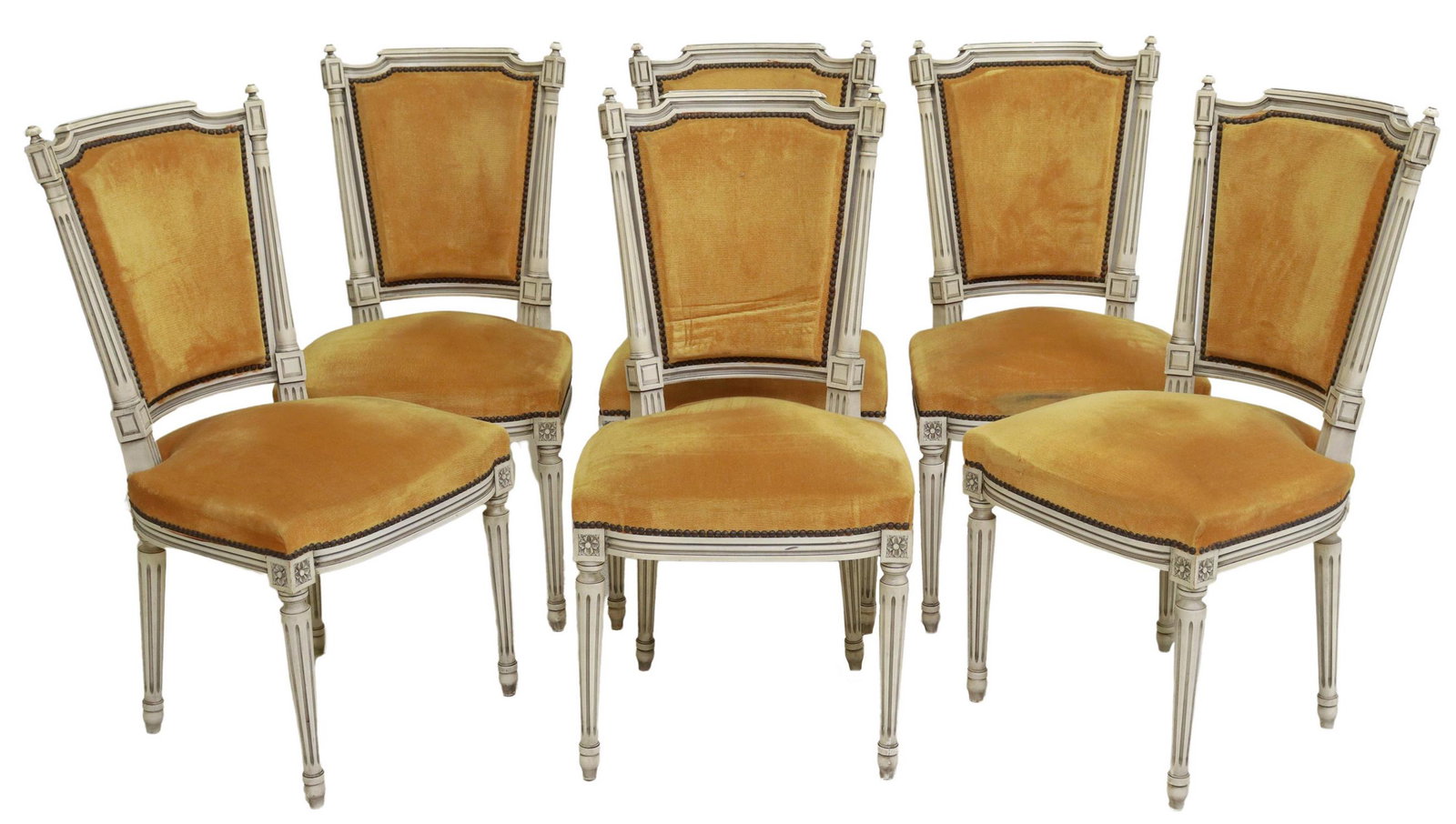 (6) FRENCH LOUIS XVI STYLE PAINTED DINING CHAIRS: (lot of 6) French Louis XVI style side chairs, 20th c., painted frame, with fluted stiles, upholstered back and seat, rising on tapered legs, approx 37"h, 19"w, 19.5"d, seat height: 20"h Start Price: 