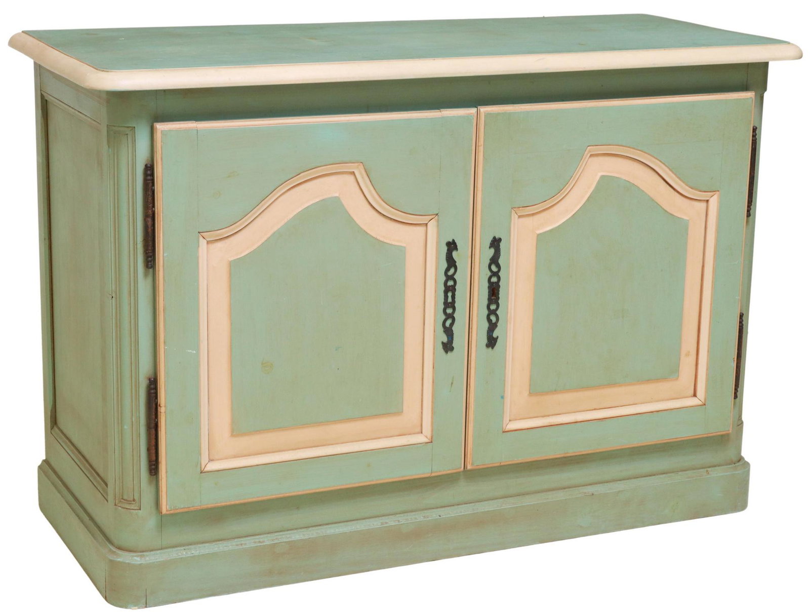 FRENCH LOUIS XV STYLE PAINT-DECORATED SIDEBOARD: French Louis XV style paint-decorated sideboard, 20th c., having dual paneled cabinet doors, with fretwork escutcheons, opening to shelved interior, rising on conforming plinth base, approx 33.75"h, 4