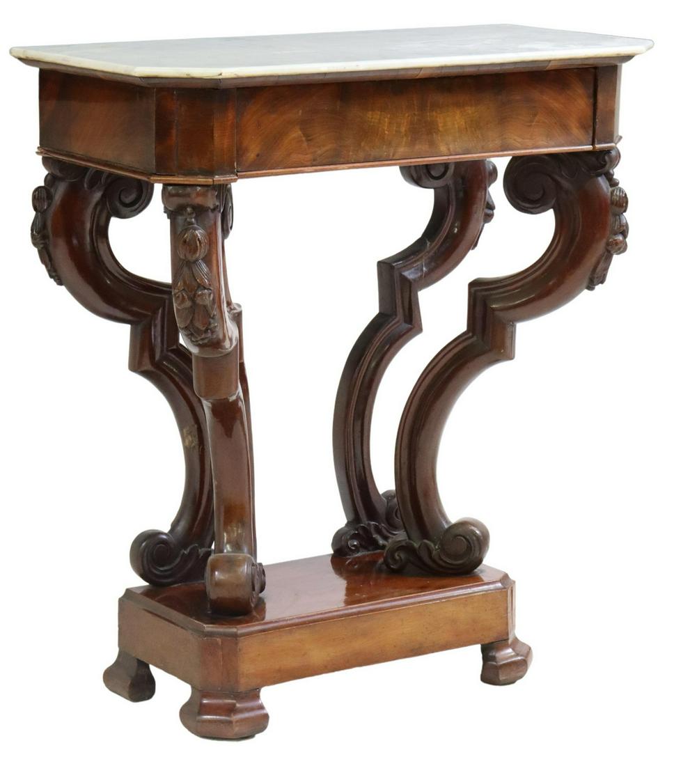 PETITE FRENCH MARBLE-TOP MAHOGANY CONSOLE TABLE: Petite French marble-top mahogany console table, 19th c., single frieze drawer, s-scroll legs with carved fruit pendants, platform base further raised on bracket feet, restoration to back left corner 