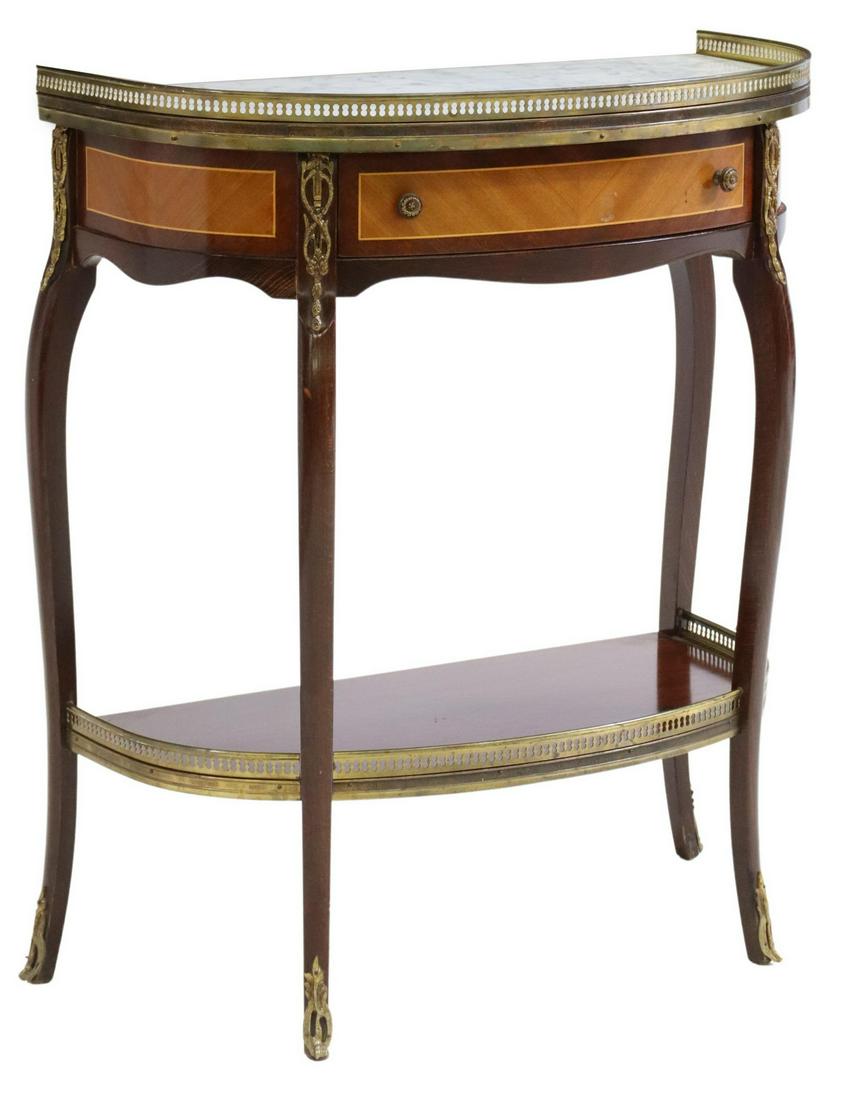FRENCH LOUIS XV STYLE MAHOGANY DEMILUNE CONSOLE: French Louis XV style mahogany demilune console table, 20th c., having pierced metal gallery, encasing marble top, single drawer, over medial shelf, gilt metal mounts, rising on cabriole legs, ending 