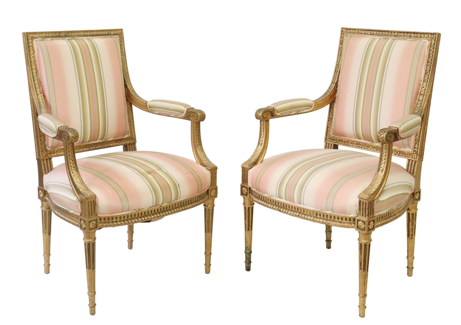 (2) LOUIS XVI STYLE GILTWOOD FAUTEUIL A LA REINE: (pair) Louis XVI style giltwood armchairs, late 19th/ early 20th c., square back, striped upholstery, rising on tapering fluted legs, (one) with stitched repair to seat, approx 40"h, 26"w, 23"d, seat 