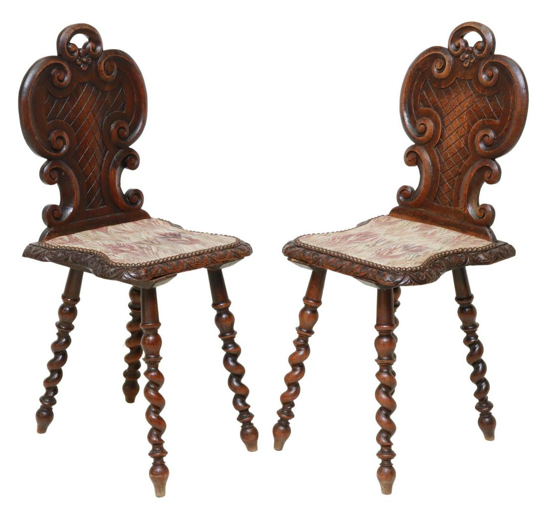 (2) FRENCH CARVED SPIRAL LEG HALL CHAIRS: (pair) French carved hall chairs, 19th c., having scrolled back, over shaped and upholstered seat, with nailhead trim, rising on twist legs, some restorations, approx 35"h, 15"w, 16.75"d, seat height: