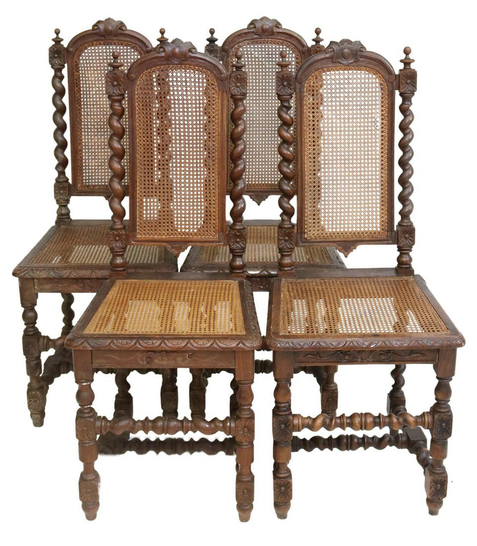 (4) FRENCH HENRI II STYLE CARVED CANED SIDE CHAIRS: (lot of 4) French Henri II style carved chairs, late 19th c., having scrolled crest, twist side supports, caned back and seat, foliate carved seat border, rising on turned stretcher-joined legs, endin