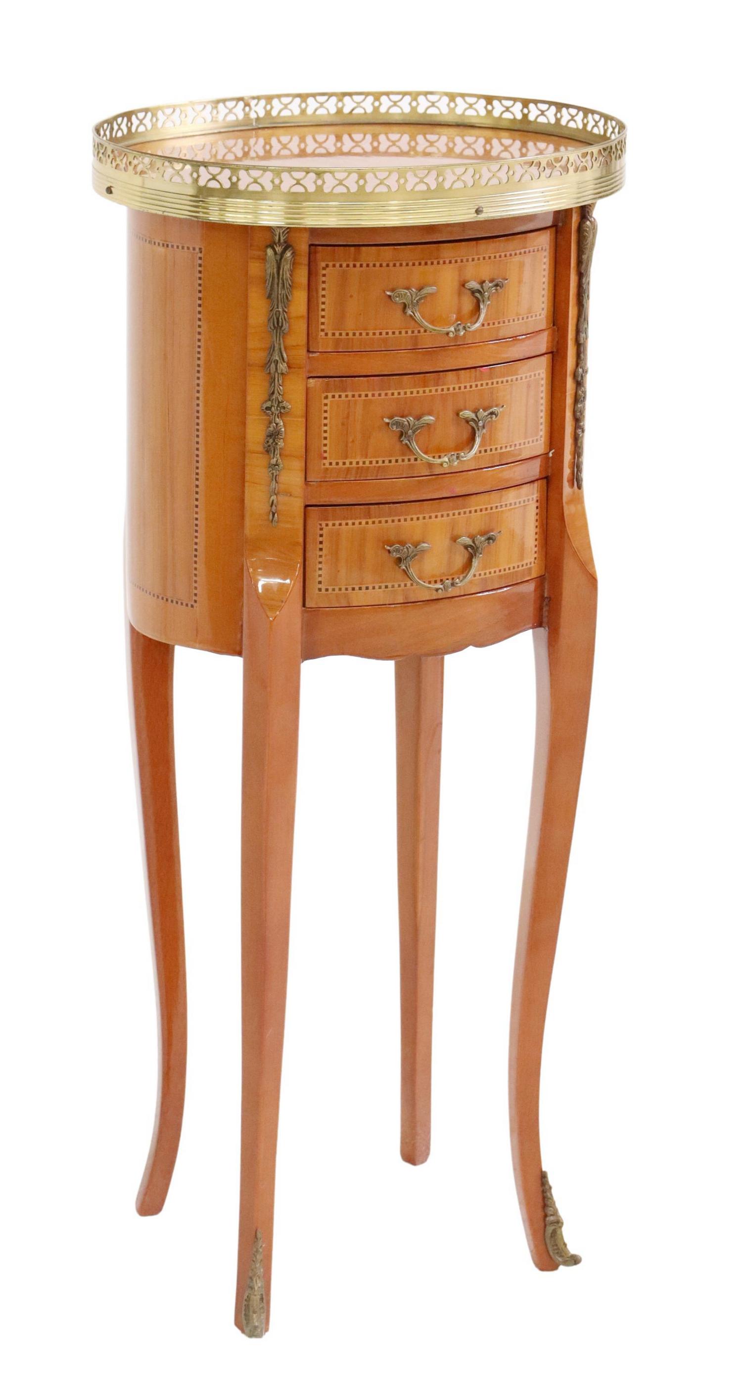 FRENCH LOUIS XV STYLE BEDSIDE CABINET: French Louis XV style nightstand, 20th c., pierced brass gallery, case fitted with three drawers, rising on cabriole legs, ending in front sabots, approx 28.5"h, 13"w, 10"d Start Price: $200.00