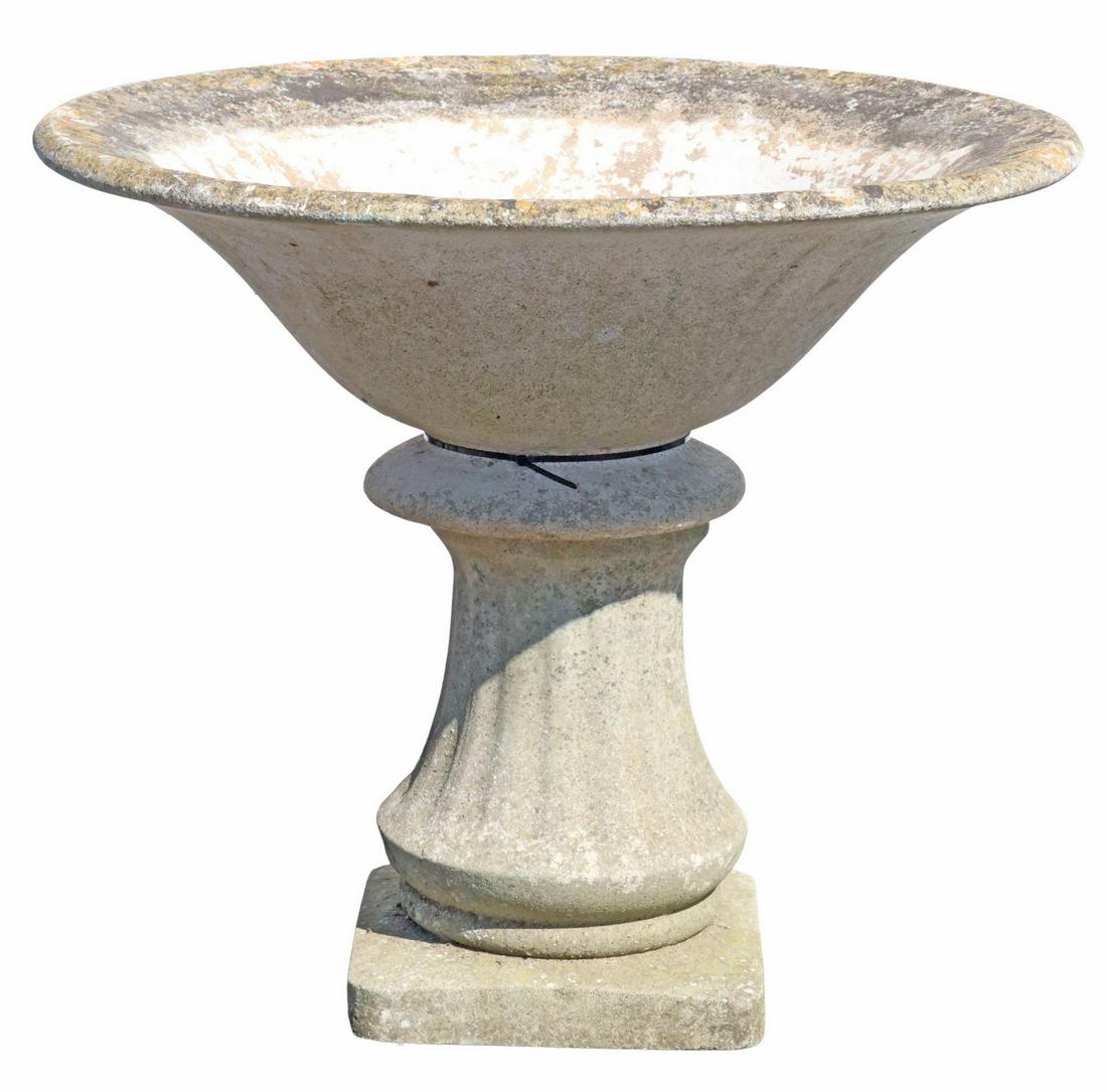 CAST STONE STANDING GARDEN PLANTER, 27"H: Cast stone standing garden planter, having wide bowl, rising on baluster standard, ending on rounded base, approx 27"h, 31"diam **PLEASE NOTE: All the cast stone and garden pieces in this auction have