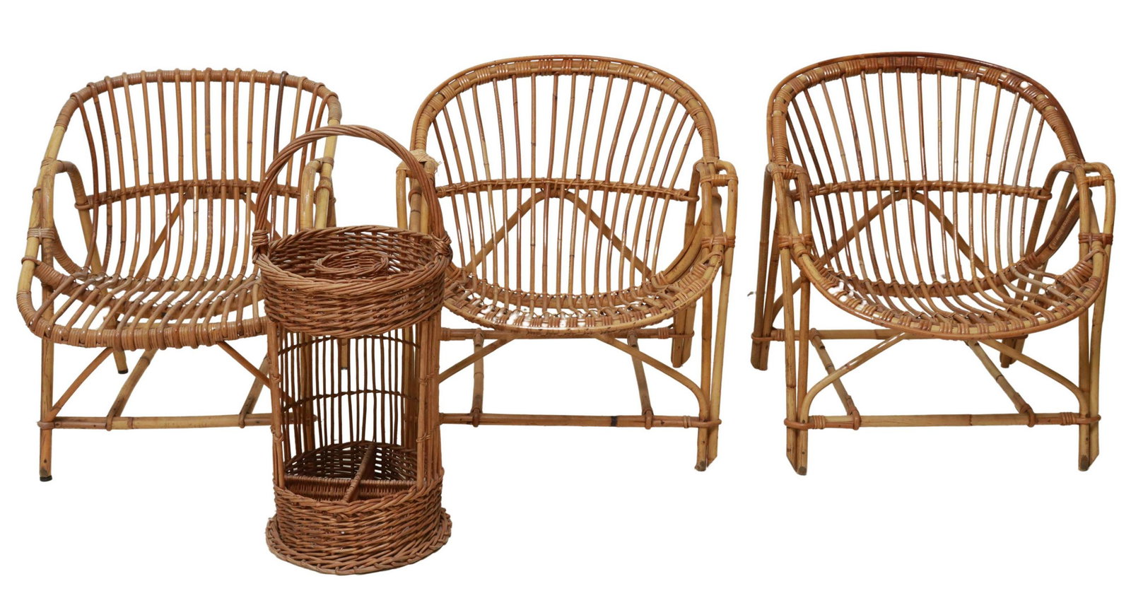 (4) BAMBOO & RATTAN ARMCHAIRS, 2-TIER WICKER STAND: (lot of 4) Bamboo, rattan, and wicker furniture, mid to late 20th c., including: (3) bamboo and rattan armchairs, continuous back and seat, rising on stretcher-joined legs, (one) slightly varied in de