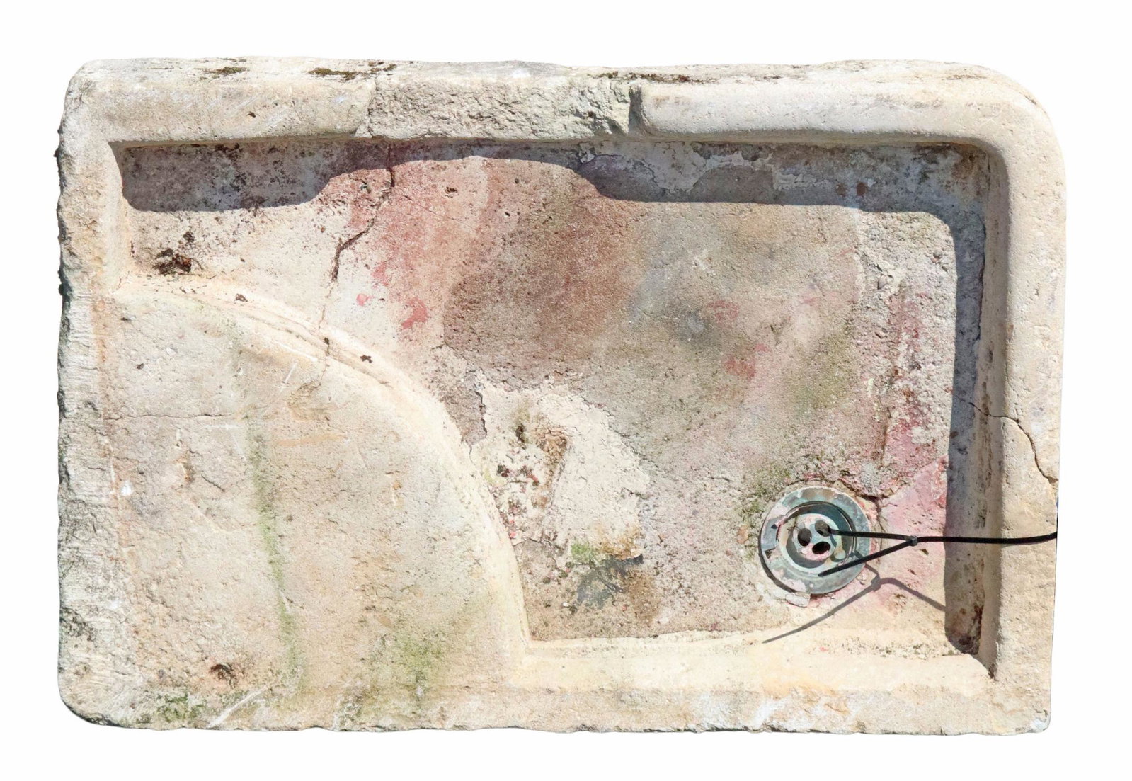 CARVED STONE GARDEN SINK BASIN WITH DRAIN: Carved stone garden sink bowl, having rectangular shallow basin, fitted with drain, approx 7"h, 30.75"w, 21.5"d **PLEASE NOTE: All the cast stone and garden pieces in this auction have inherent flaws 