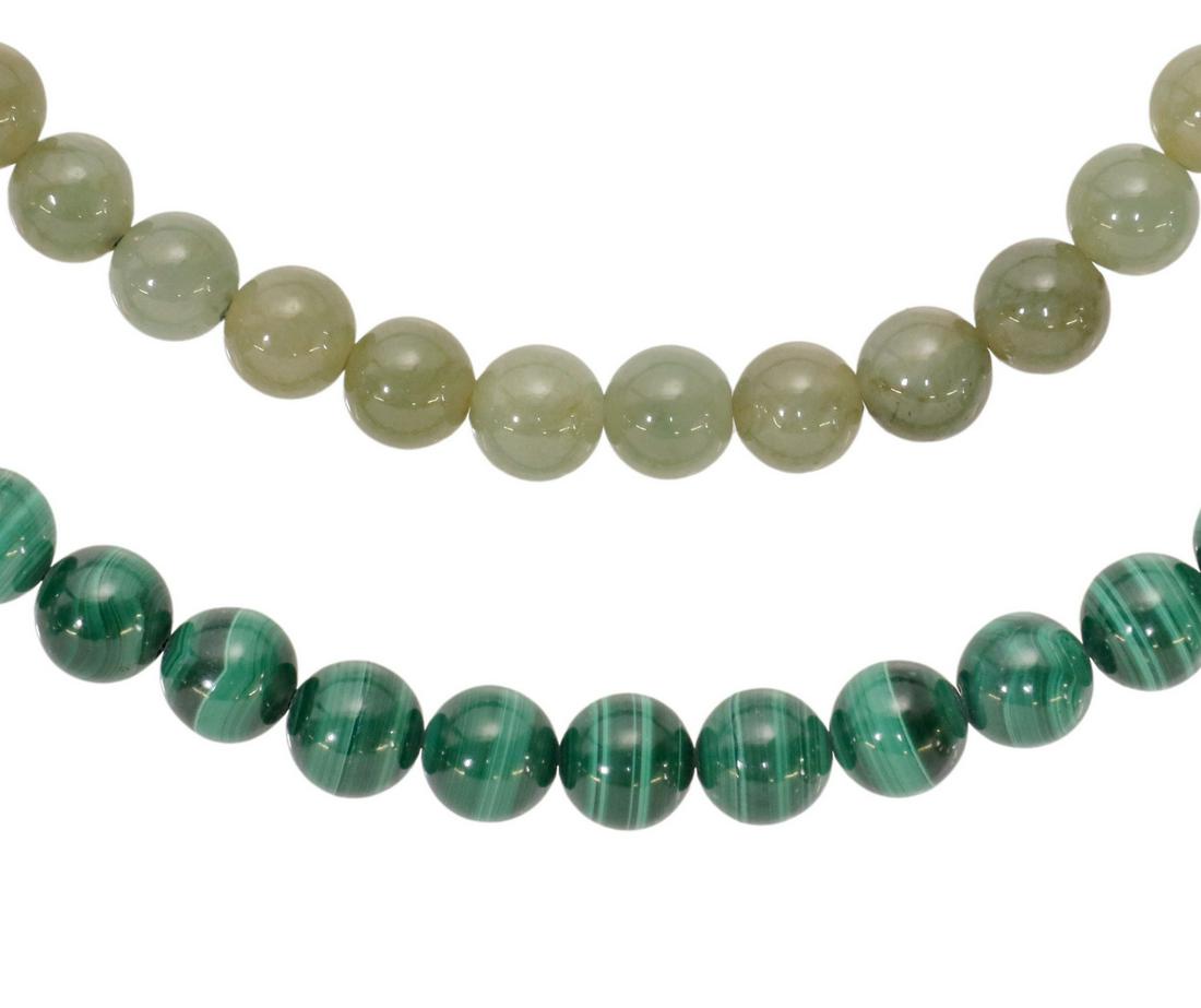 2) ESTATE MALACHITE & HARDSTONE BEADED STANDS: (lot of 2) Estate beaded strands/necklaces: (1) malachite beads on tied green thread, approx 27"l; (1) green hardstone, on tied clear plastic thread, approx 25"; 198 grams Start Price: $80.00