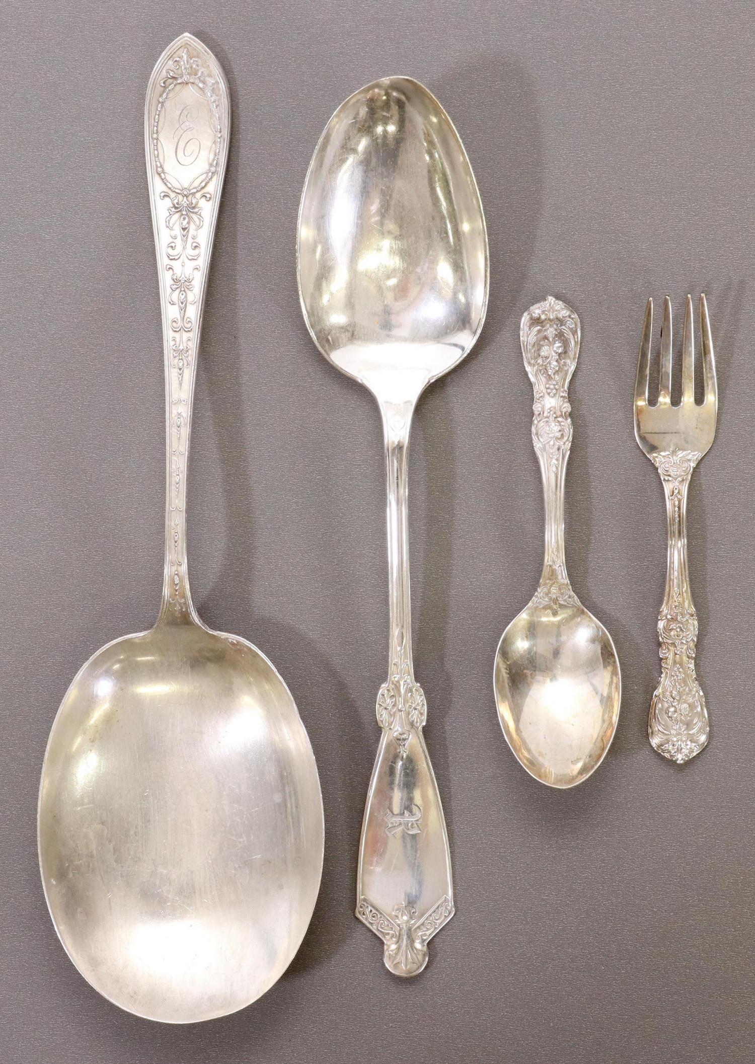 (4) AMERICAN STERLING SILVER FLATWARE, 6.04 OZT: (lot of 4) American sterling silver flatware, including: (1) Whiting Manufacturing Company "Adam" berry/ casserole serving spoon, retailed by J.E. Caldwell & Company, monogrammed E, approx 9.25"l, (1)