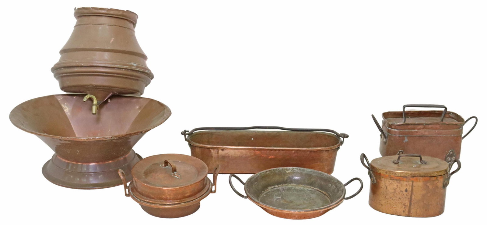 (7) FRENCH COPPER & METAL HOUSEWARES: (lot of 7) French copper and metal housewares, including: (1) lavabo/wall fountain, with figural snake spigot, approx 17"h, 15"w, 11"d; (1) matched basin, with tapered body, approx 9"h, 22"w, 19"d; (3