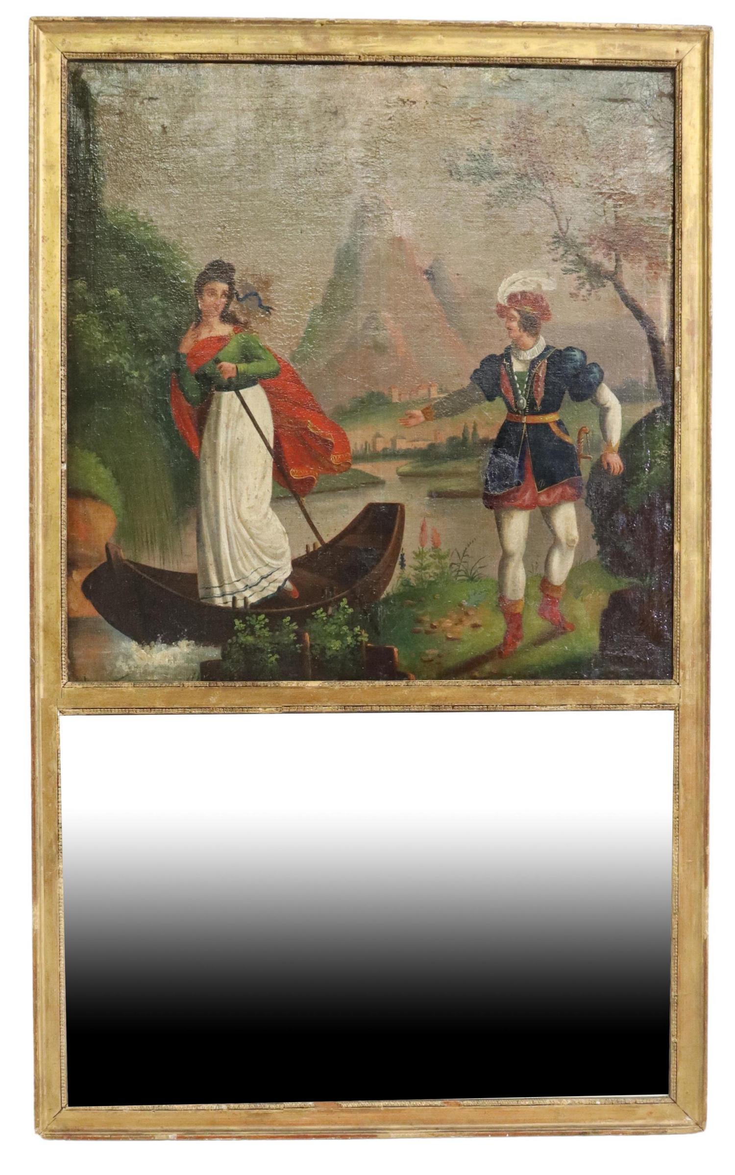 CONTINENTAL GILTWOOD TRUMEAU MIRROR: Continental giltwood trumeau mirror, late 19th c., having oil on canvas painting depicting couple by a stream, over flat mirror plate, approx 48"h, 29.5"w, 21.2lbs Start Price: $250.00