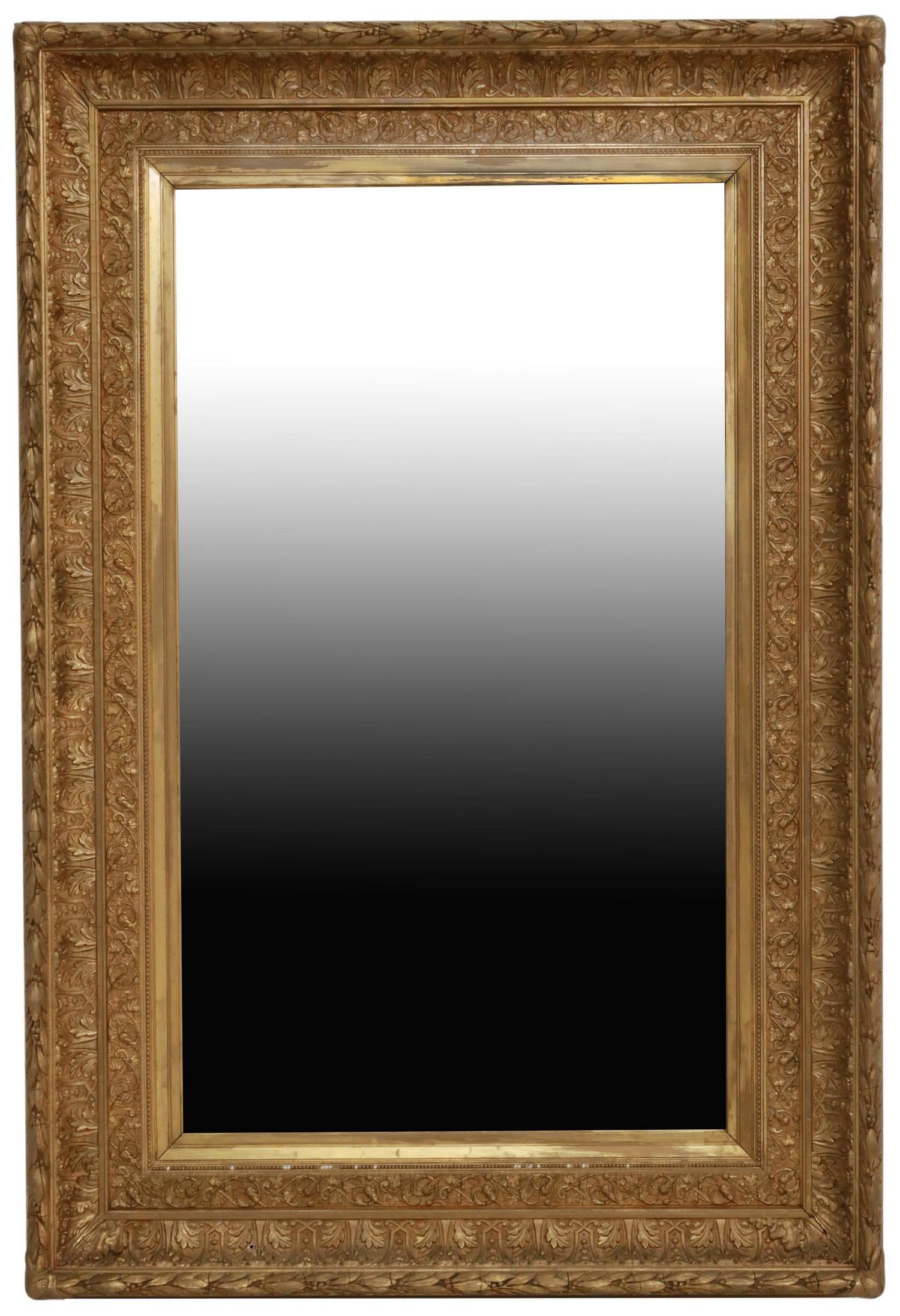 LARGE FOLIATE GILTWOOD WALL MIRROR, 62.5"H: Large giltwood and composition wall mirror, 20th c., square shape, having successive foliate borders, encasing central flat mirror plate, approx 43.5"w, 62.5"h, 83lbs Start Price: $200.00