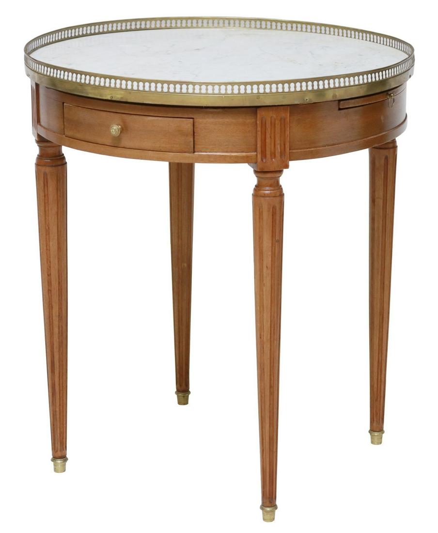 FRENCH LOUIS XVI STYLE MAHOGANY BOUILLOTTE TABLE: French Louis XVI style mahogany bouillotte table, 20th c., having pierced gilt metal gallery, encasing marble top, over two drawers and two pull out slides, with inset embossed leather surface, rising
