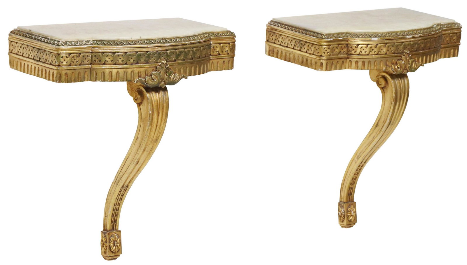 (2) ITALIAN ONYX-TOP GILTWOOD WALL BRACKETS: (pair) Italian giltwood wall brackets, 20th c., inset onyx top, over a single drawer, scrolled support, approx 20"h, 17.5"w, 10"d Start Price: $150.00