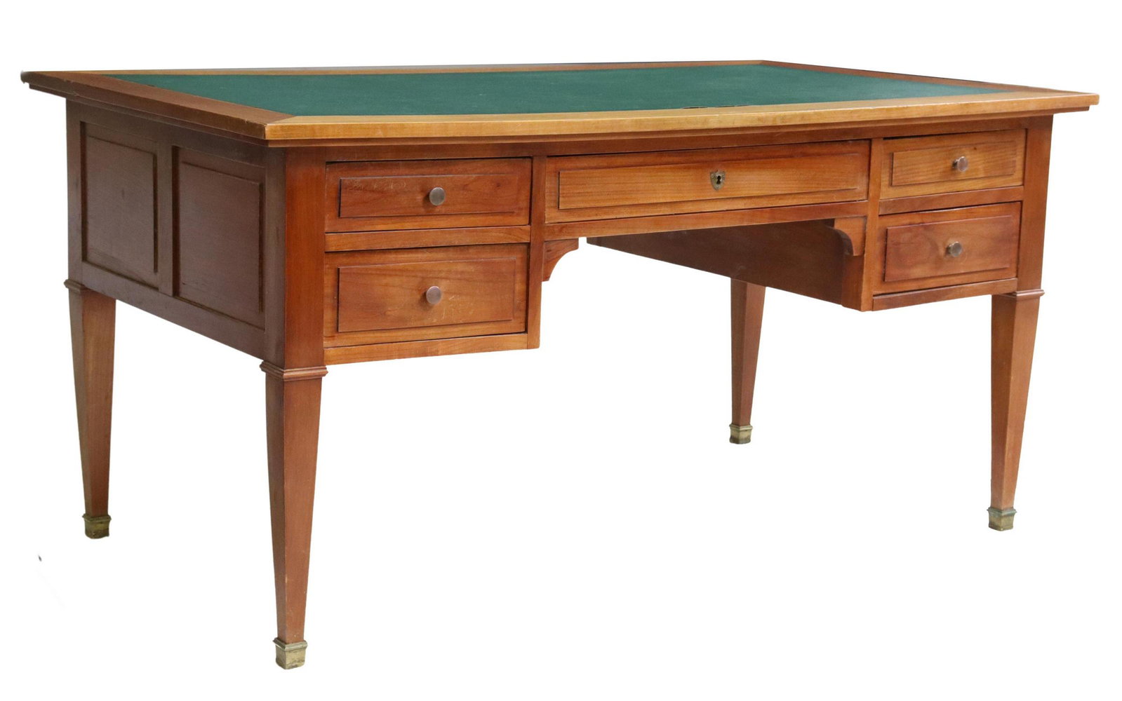 FRENCH DIRECTOIRE STYLE FRUITWOOD BUREAU PLAT: French Directoire style fruitwood desk, 20th c., rectangular top, with inset leather writing surface, over central locked drawer, flanked by two drawers to either side, paneled case, rising on tapered