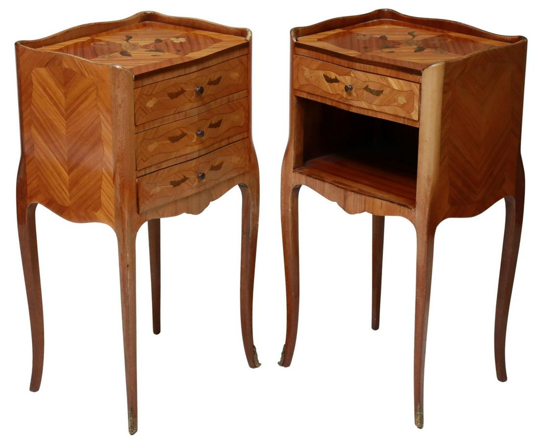 (2) FRENCH LOUIS XV STYLE MARQUETRY NIGHTSTANDS: (lot of 2) French Louis XV style floral marquetry nightstands, 20th c., near pair in slightly varied design, both having scalloped gallery, rising on cabriole legs, ending in sabots, (one) with single