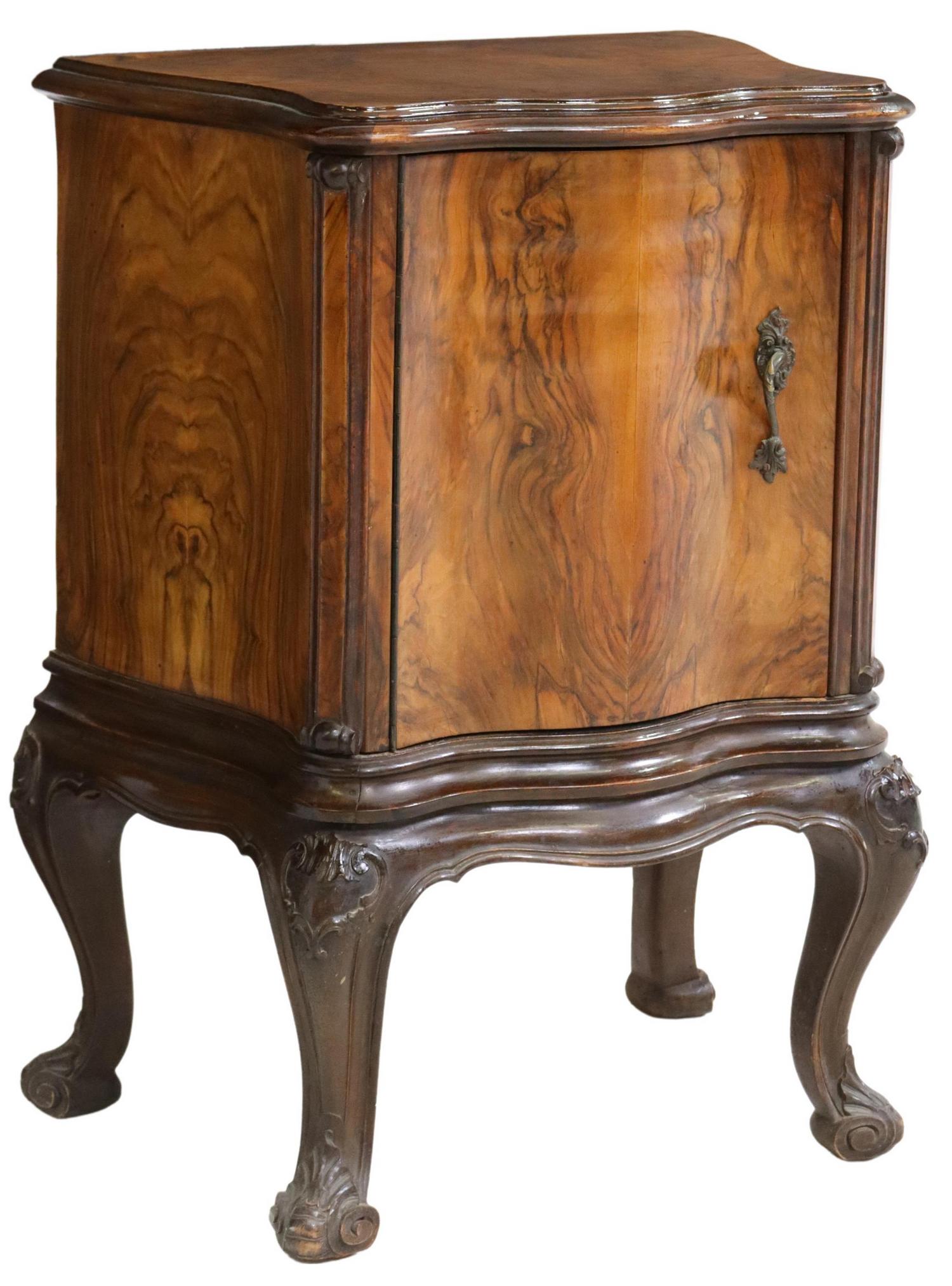 VENETIAN BURLED WALNUT NIGHTSTAND: Venetian burled walnut bedside cabinet, 20th c., having serpentine top, over cabinet door, opening to single drawer and shelved interior, rising on cabriole legs, ending on whorl feet, approx 30.5"h, 