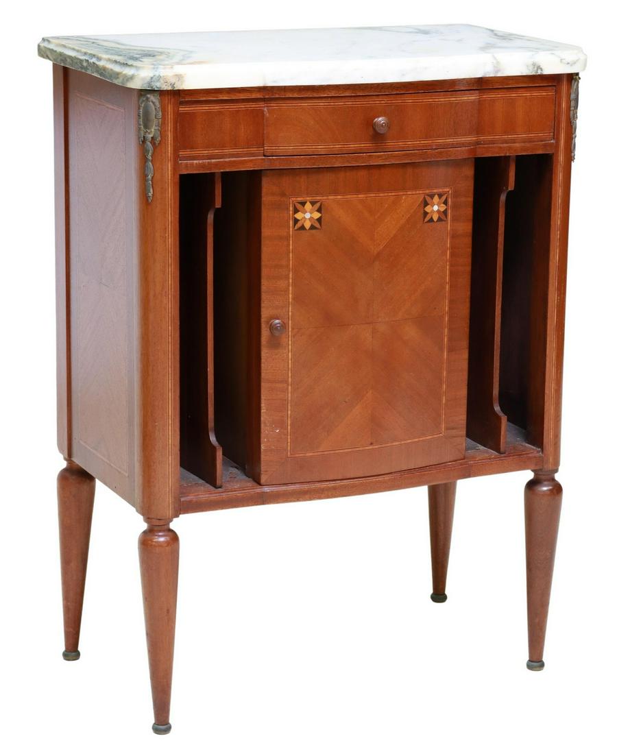 FRENCH LOUIS XVI STYLE MAHOGANY BEDSIDE CABINET: French Louis XVI style marble-top mahogany nightstand, early 20th c., single drawer over bowfront cabinet door, interior with ceramic liner, rising on tapered legs, approx 34"h, 27.75"w, 14.5"d Start 