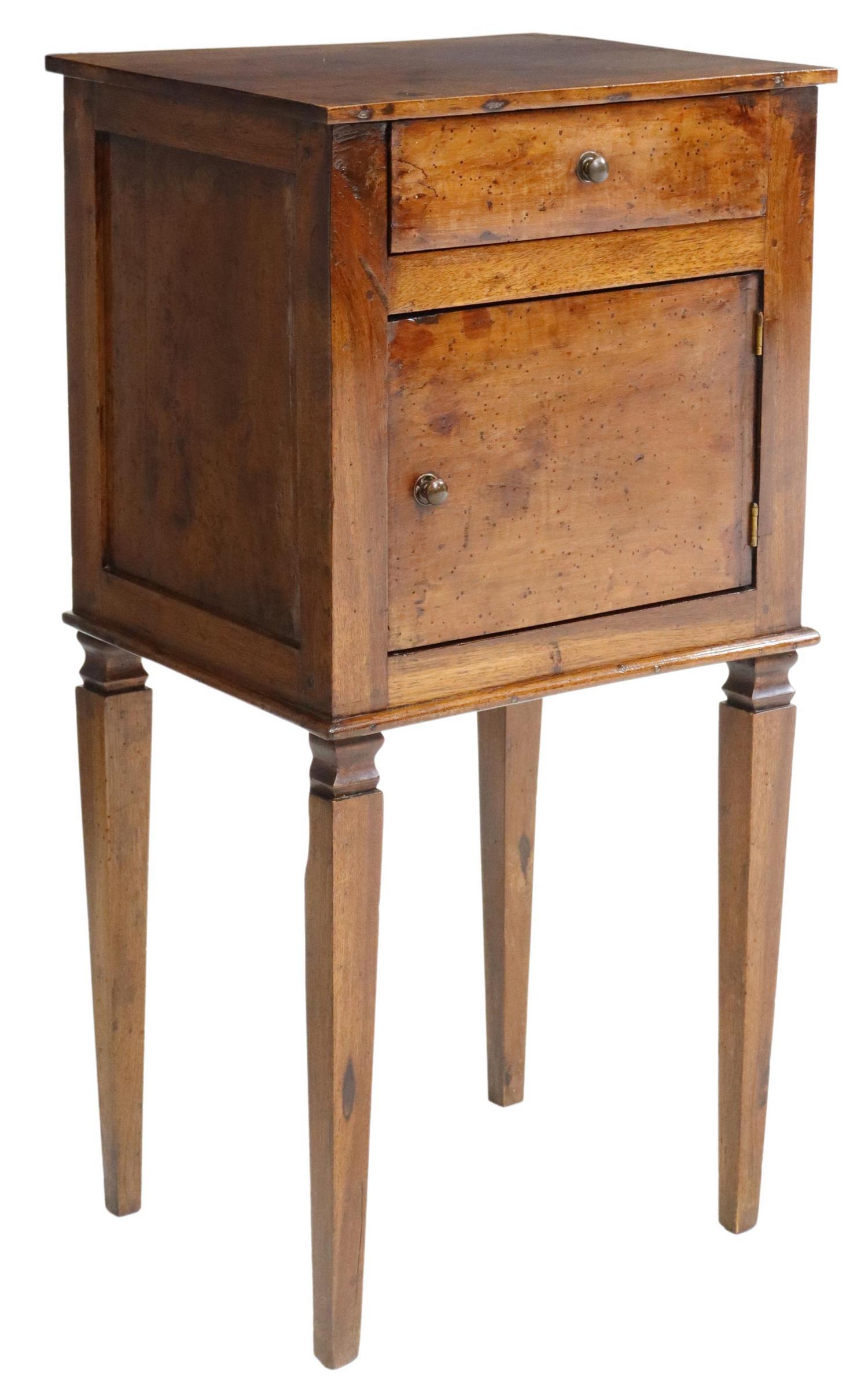 ITALIAN NEOCLASSICAL WALNUT SIDE CABINET: Italian Neoclassical walnut side cabinet, 19th c., having single drawer, above cabinet door, open interior, rising on squared and tapered supports, approx 36"h, 17.5"w, 16"d Start Price: $100.00